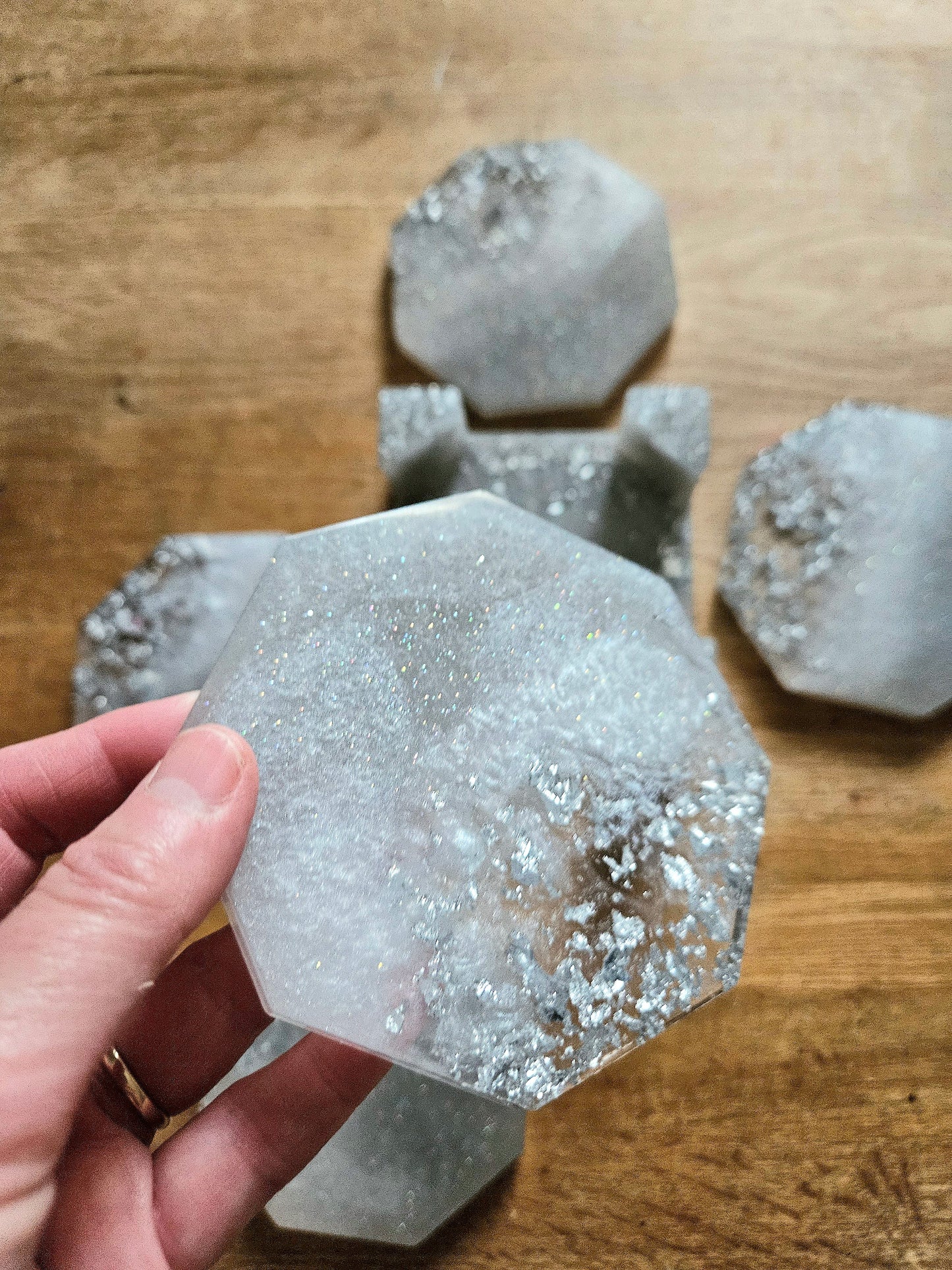 Set of Elegant silver coasters with stand/ home decor accessories/functional resinart/ New Home Handmade Gift/Birthday present for mum, gran, sister, brother, dad, papa