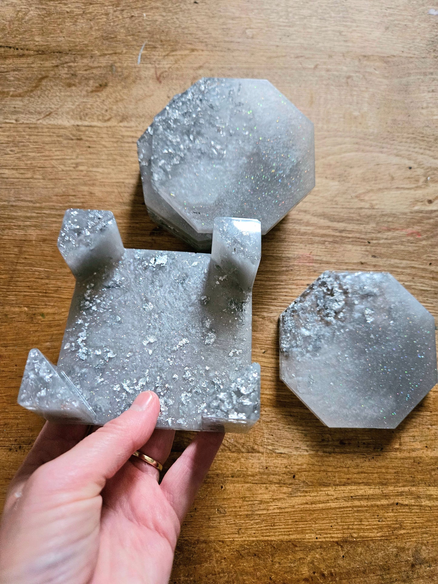 Set of Elegant silver coasters with stand/ home decor accessories/functional resinart/ New Home Handmade Gift/Birthday present for mum, gran, sister, brother, dad, papa