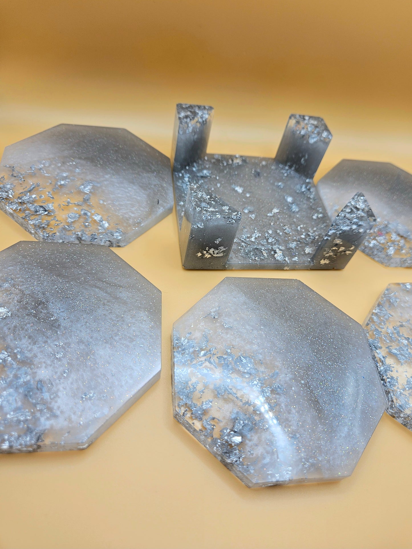 Set of Elegant silver coasters with stand/ home decor accessories/functional resinart/ New Home Handmade Gift/Birthday present for mum, gran, sister, brother, dad, papa