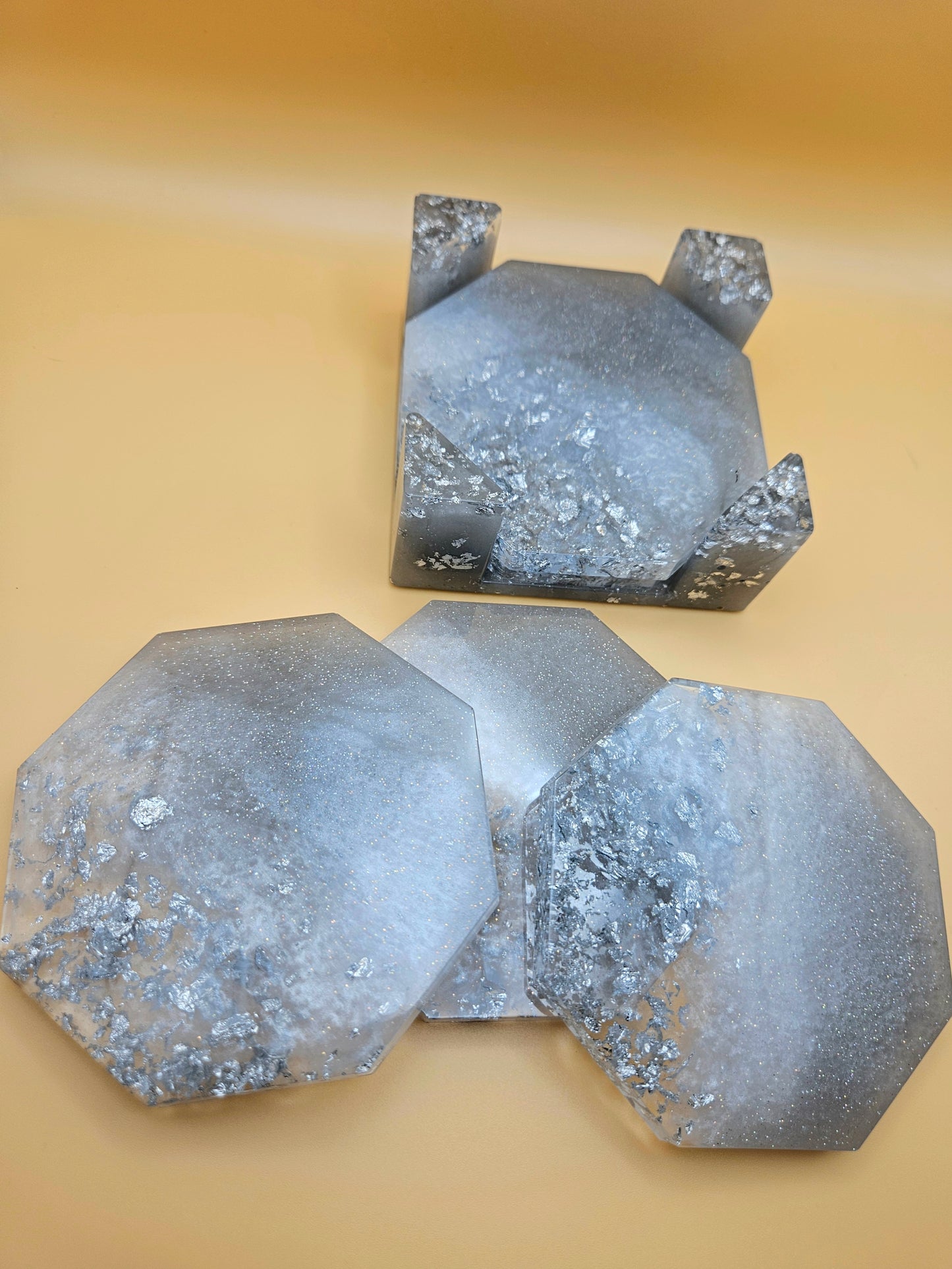 Set of Elegant silver coasters with stand/ home decor accessories/functional resinart/ New Home Handmade Gift/Birthday present for mum, gran, sister, brother, dad, papa