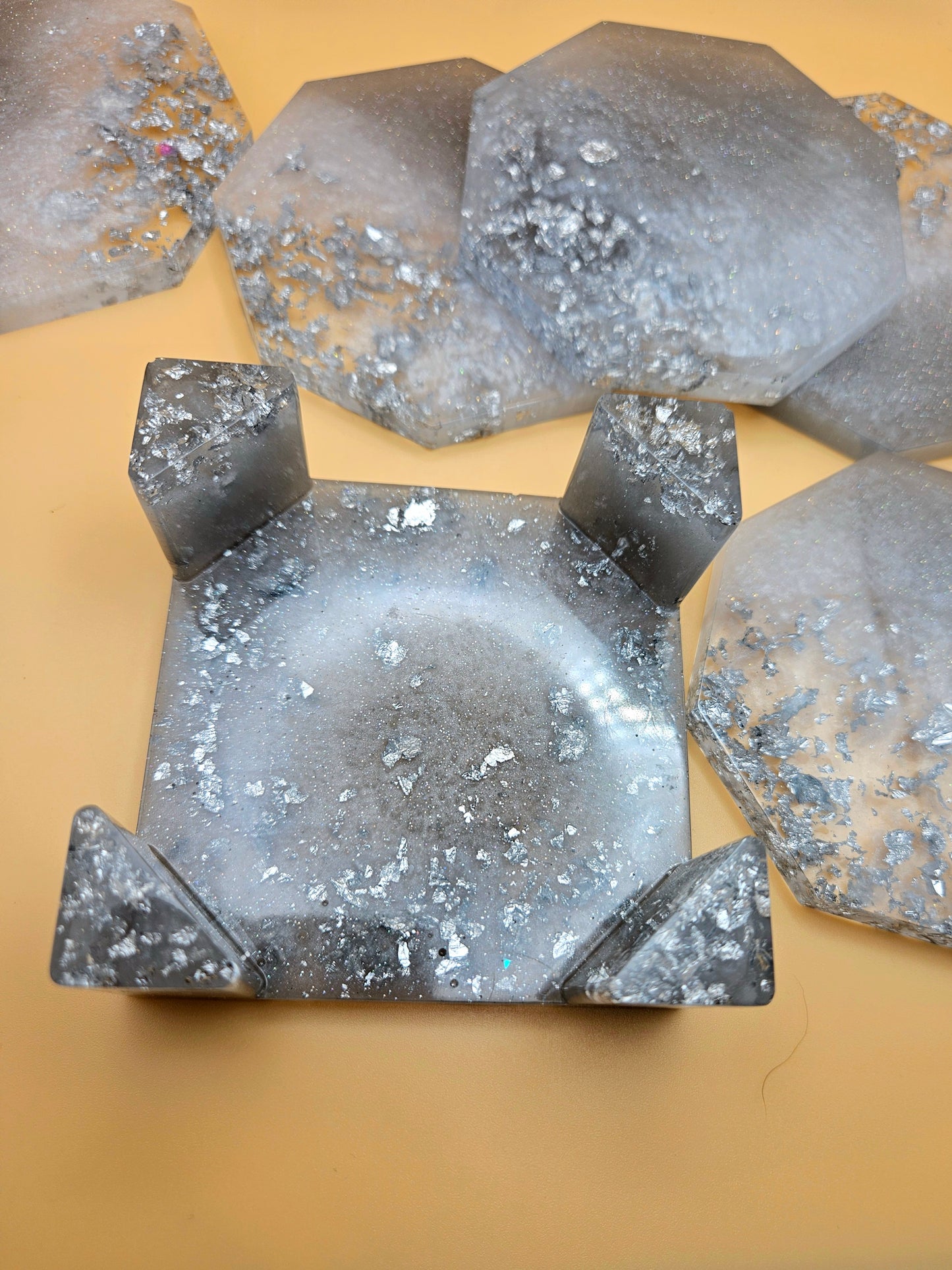 Set of Elegant silver coasters with stand/ home decor accessories/functional resinart/ New Home Handmade Gift/Birthday present for mum, gran, sister, brother, dad, papa