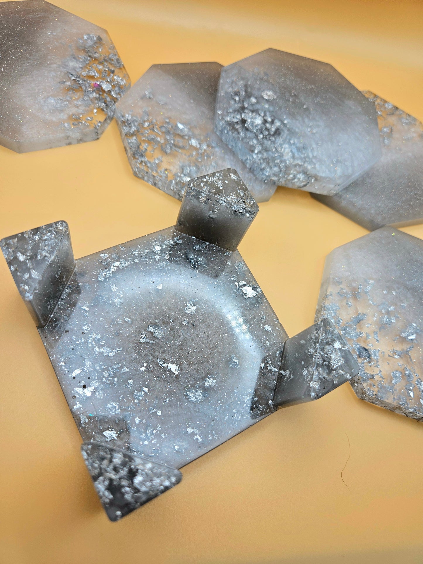 Set of Elegant silver coasters with stand/ home decor accessories/functional resinart/ New Home Handmade Gift/Birthday present for mum, gran, sister, brother, dad, papa