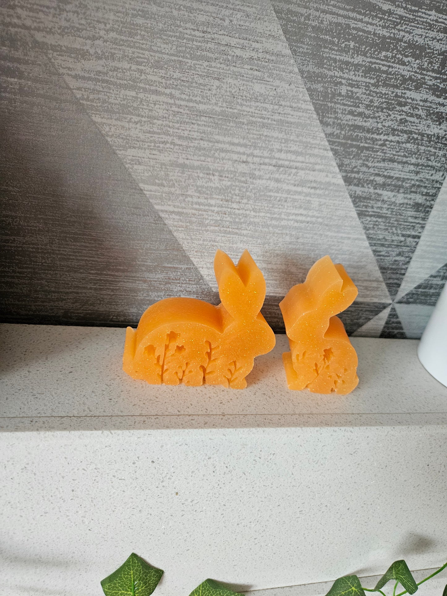 Set of two bunnies/resin home decor/peachy orange coloured rabbit ornaments for lover gift/new home, anniversary, birthday gift