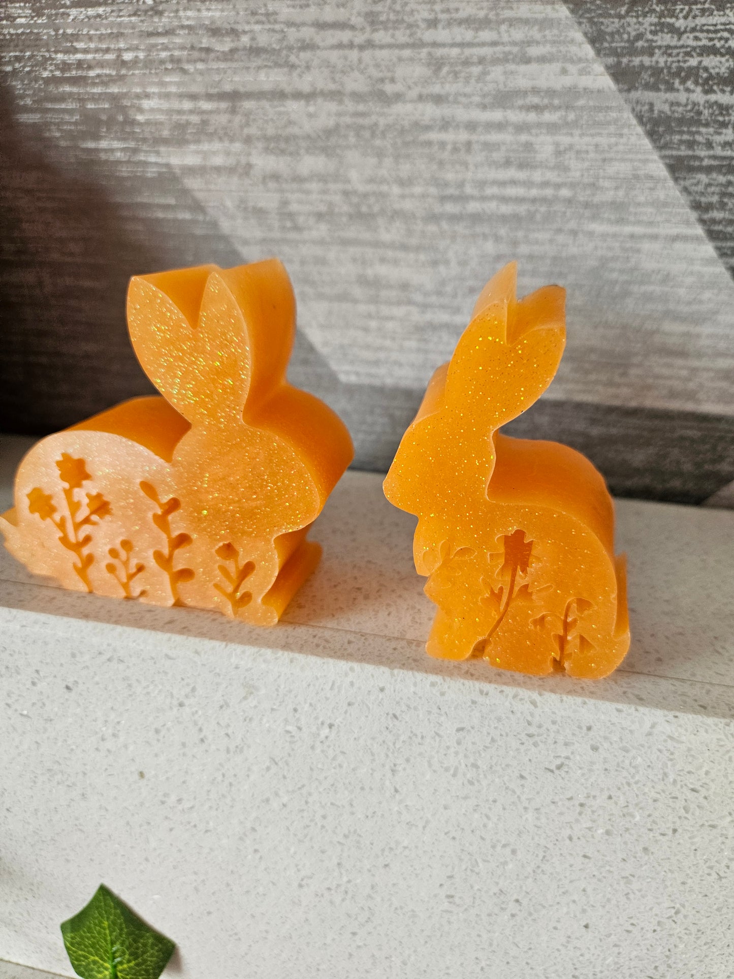 Set of two bunnies/resin home decor/peachy orange coloured rabbit ornaments for lover gift/new home, anniversary, birthday gift