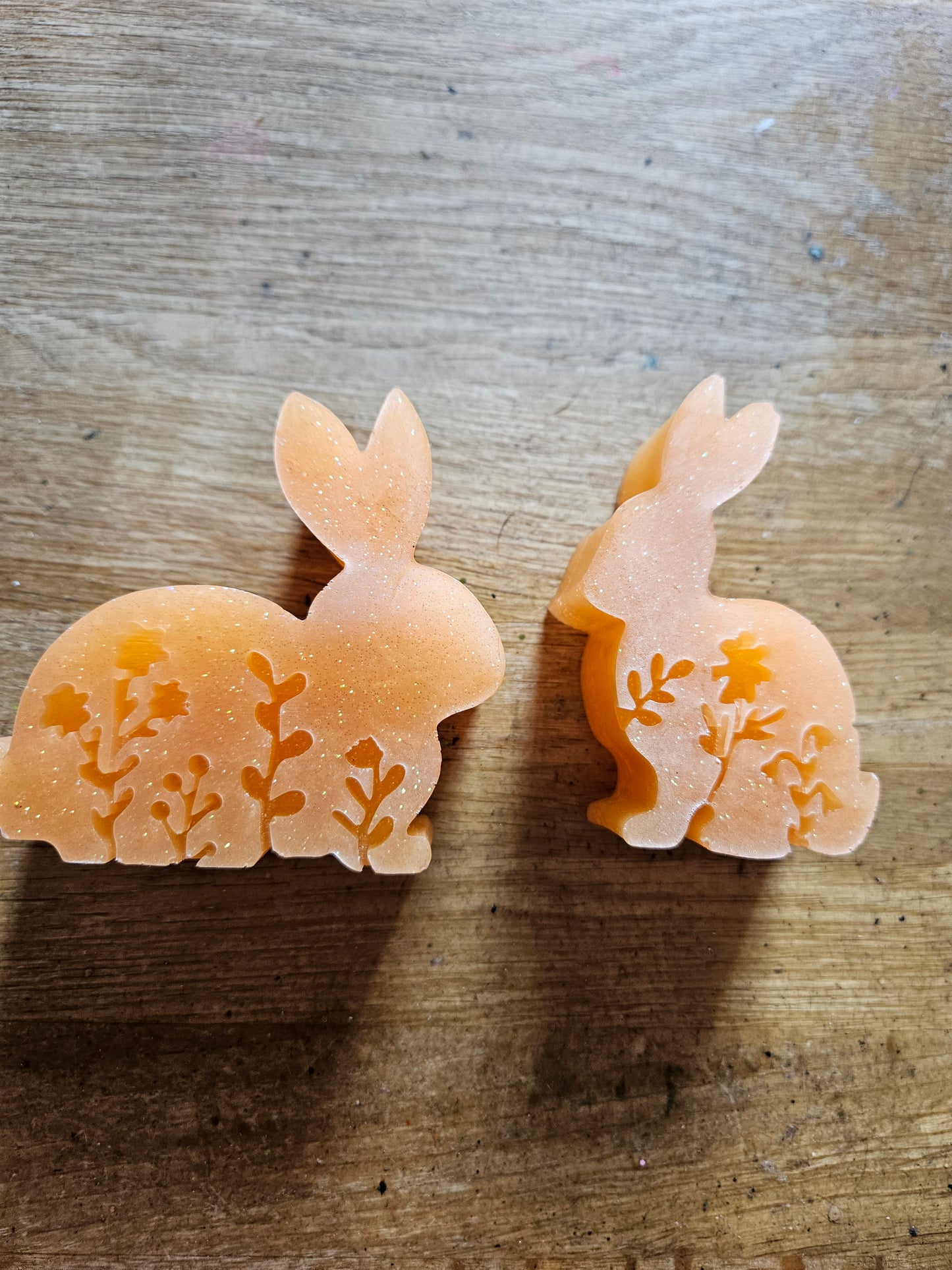 Set of two bunnies/resin home decor/peachy orange coloured rabbit ornaments for lover gift/new home, anniversary, birthday gift