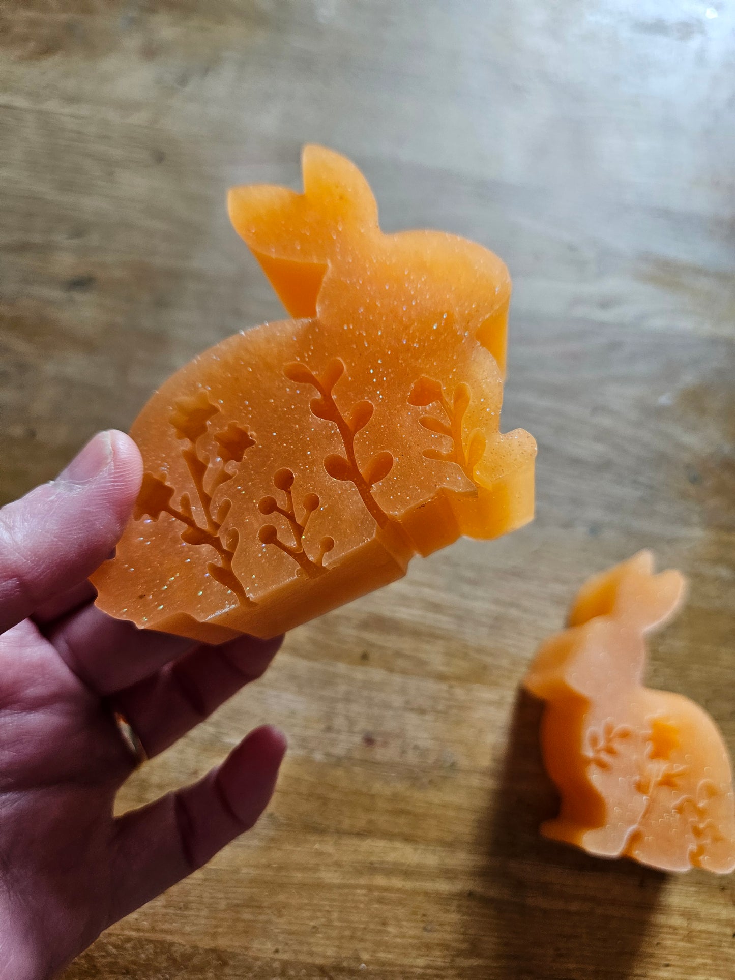 Set of two bunnies/resin home decor/peachy orange coloured rabbit ornaments for lover gift/new home, anniversary, birthday gift