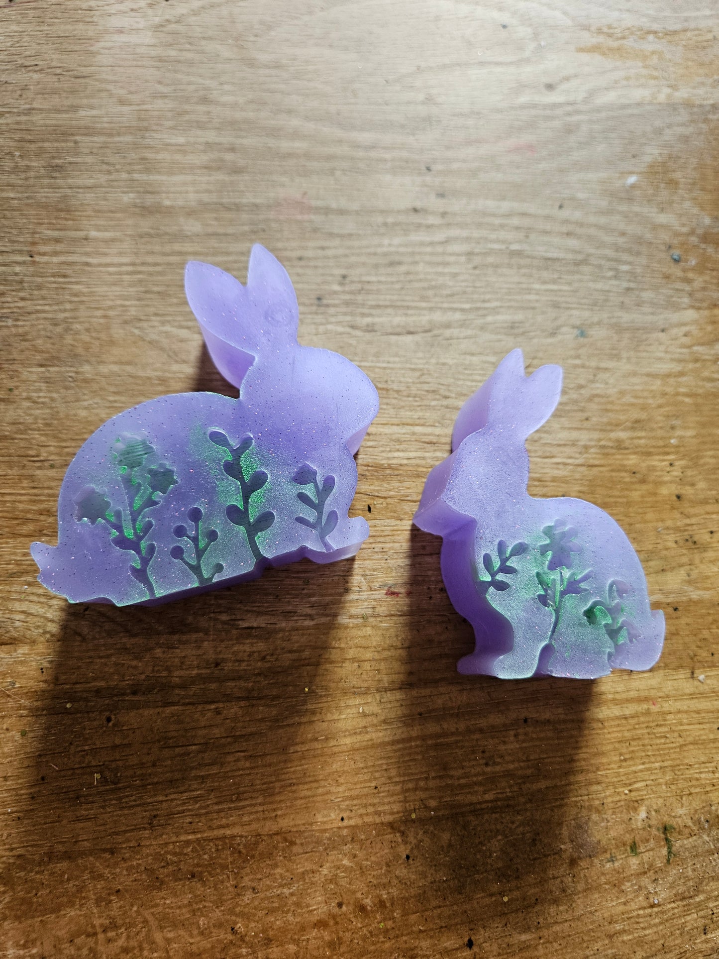 Set of bunnies/resin home decor/violet coloured rabbit ornaments with hint of green/animal lover gift/ new home, anniversary, birthday gift