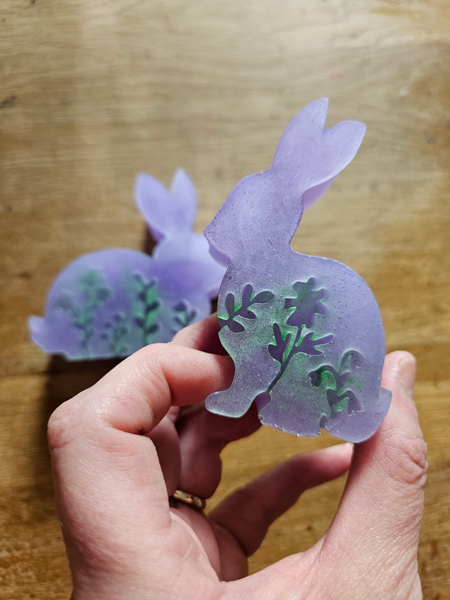 Custom Set of two bunnies/resin home decor rabbits/violet coloured rabbit ornaments/animal lover gift/ new home, anniversary birthday gift