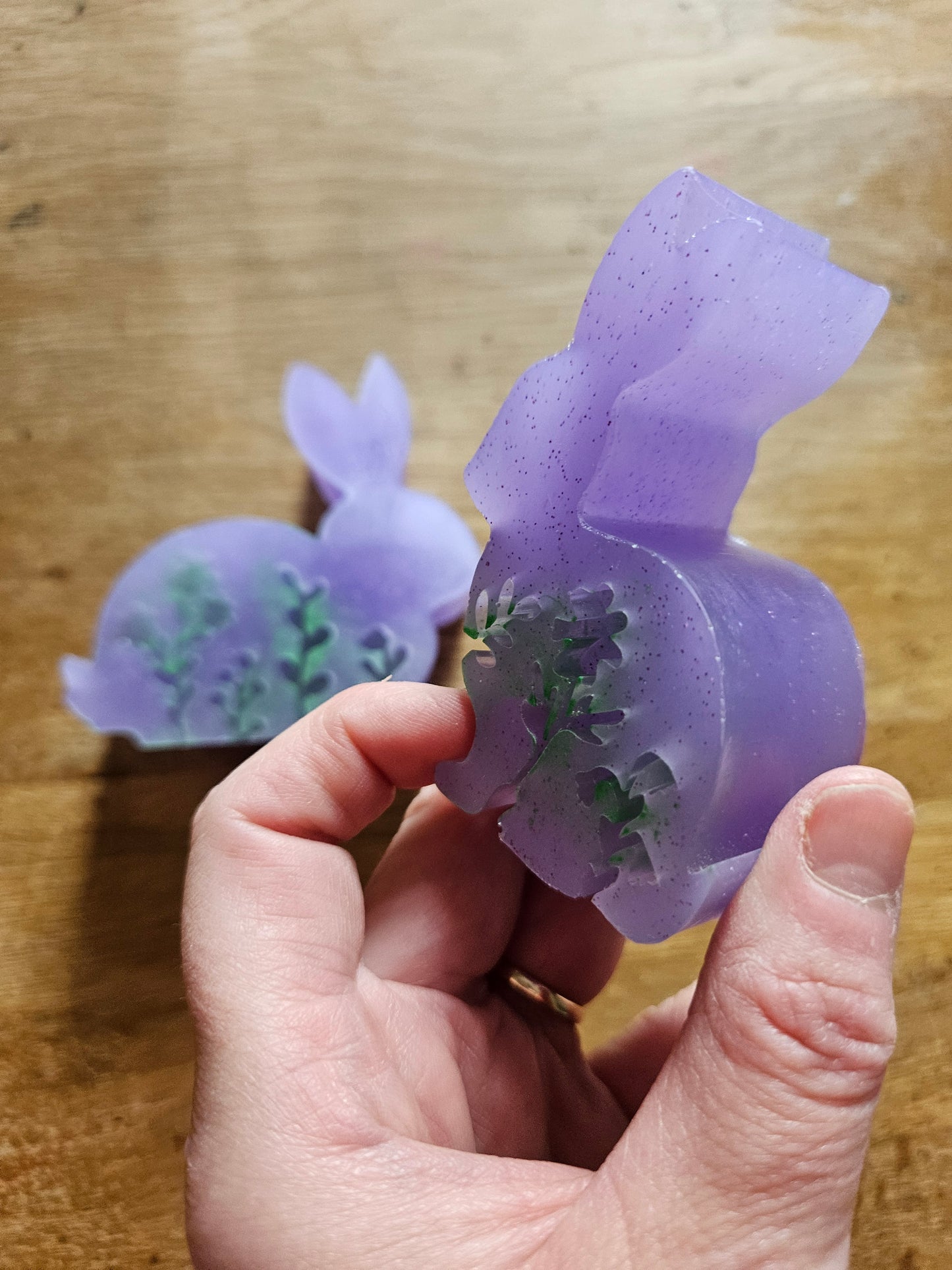 Set of bunnies/resin home decor/violet coloured rabbit ornaments with hint of green/animal lover gift/ new home, anniversary, birthday gift