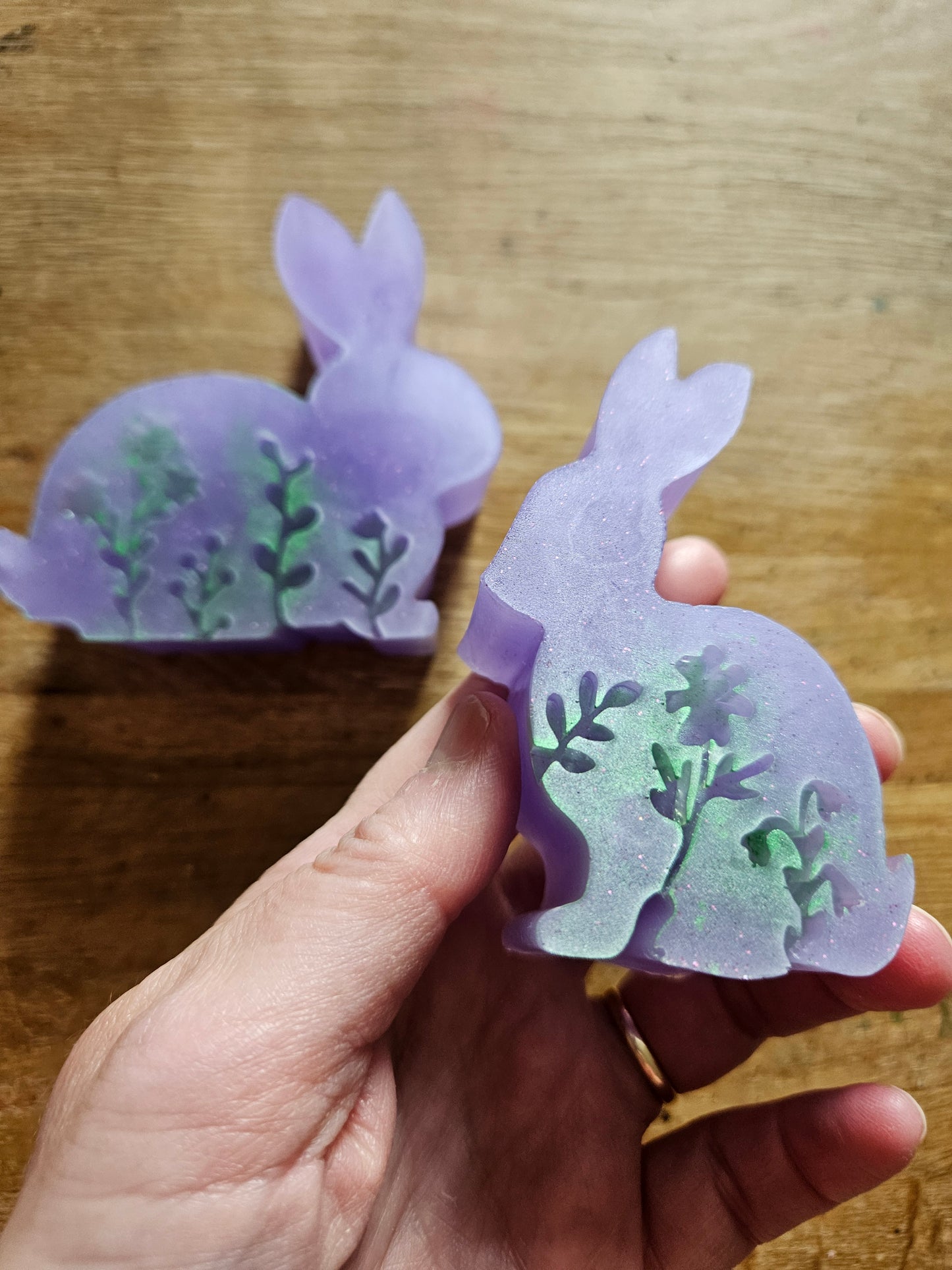 Set of bunnies/resin home decor/violet coloured rabbit ornaments with hint of green/animal lover gift/ new home, anniversary, birthday gift