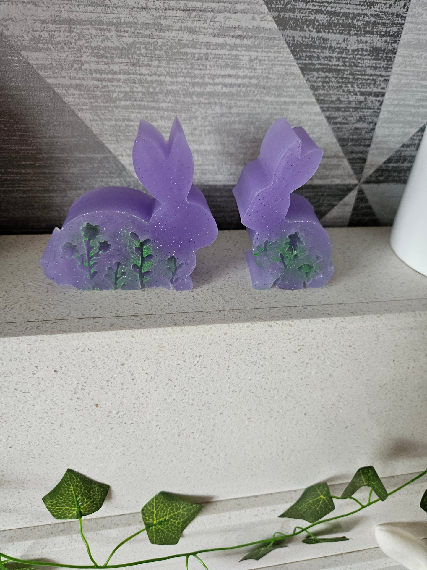 Set of bunnies/resin home decor/violet coloured rabbit ornaments with hint of green/animal lover gift/ new home, anniversary, birthday gift