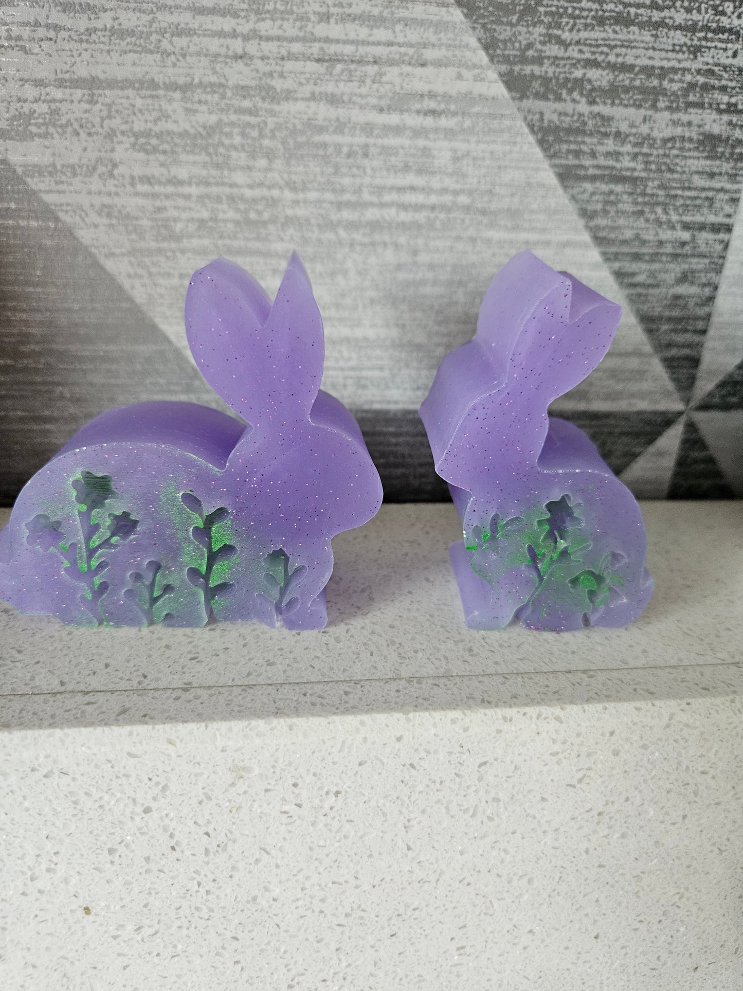 Set of bunnies/resin home decor/violet coloured rabbit ornaments with hint of green/animal lover gift/ new home, anniversary, birthday gift