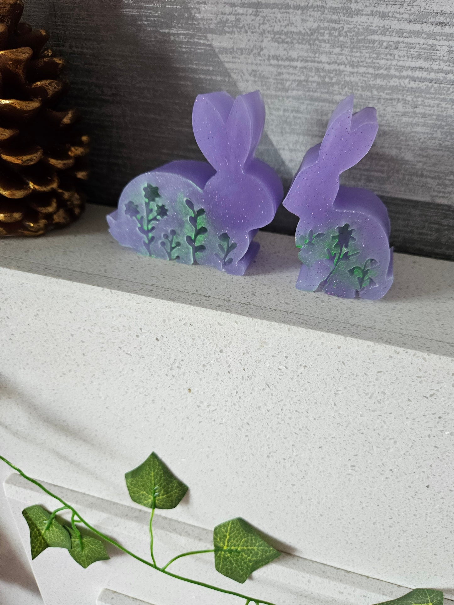 Set of bunnies/resin home decor/violet coloured rabbit ornaments with hint of green/animal lover gift/ new home, anniversary, birthday gift