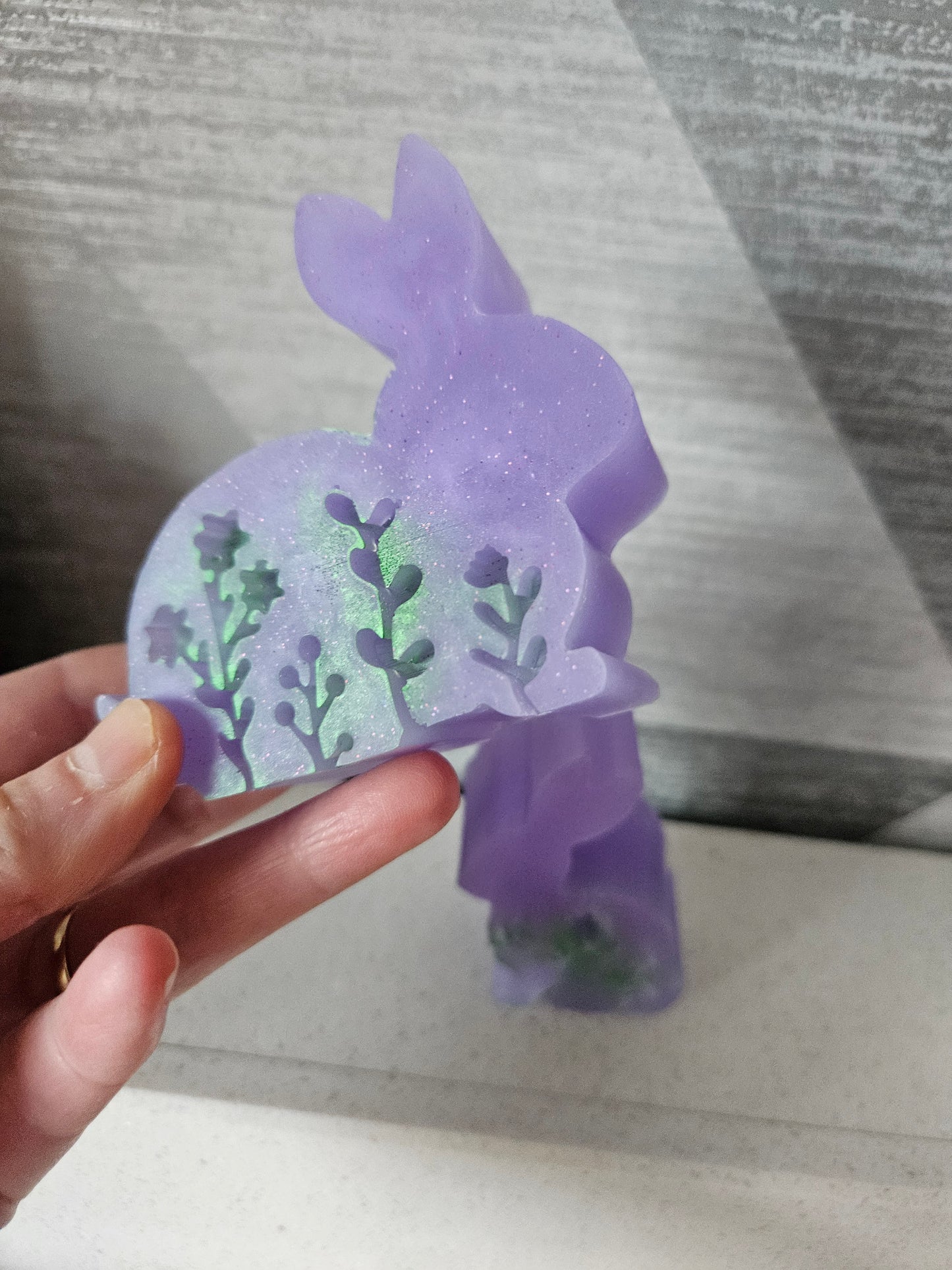 Set of bunnies/resin home decor/violet coloured rabbit ornaments with hint of green/animal lover gift/ new home, anniversary, birthday gift