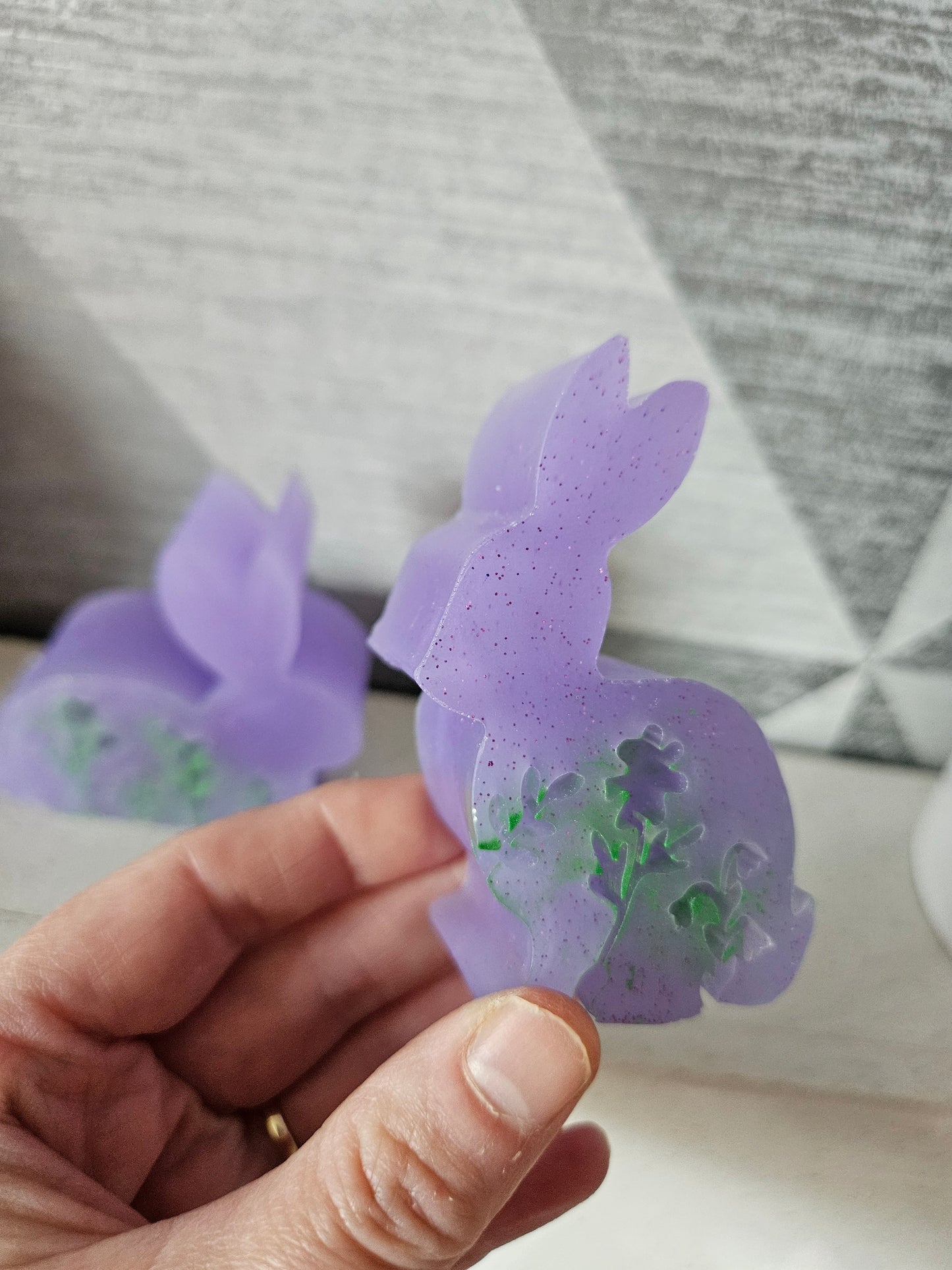Set of bunnies/resin home decor/violet coloured rabbit ornaments with hint of green/animal lover gift/ new home, anniversary, birthday gift
