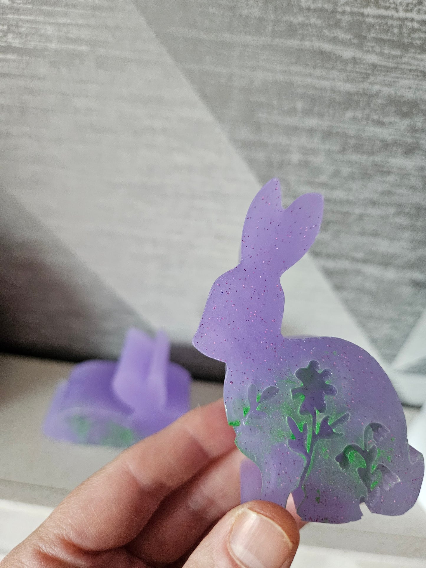 Set of bunnies/resin home decor/violet coloured rabbit ornaments with hint of green/animal lover gift/ new home, anniversary, birthday gift