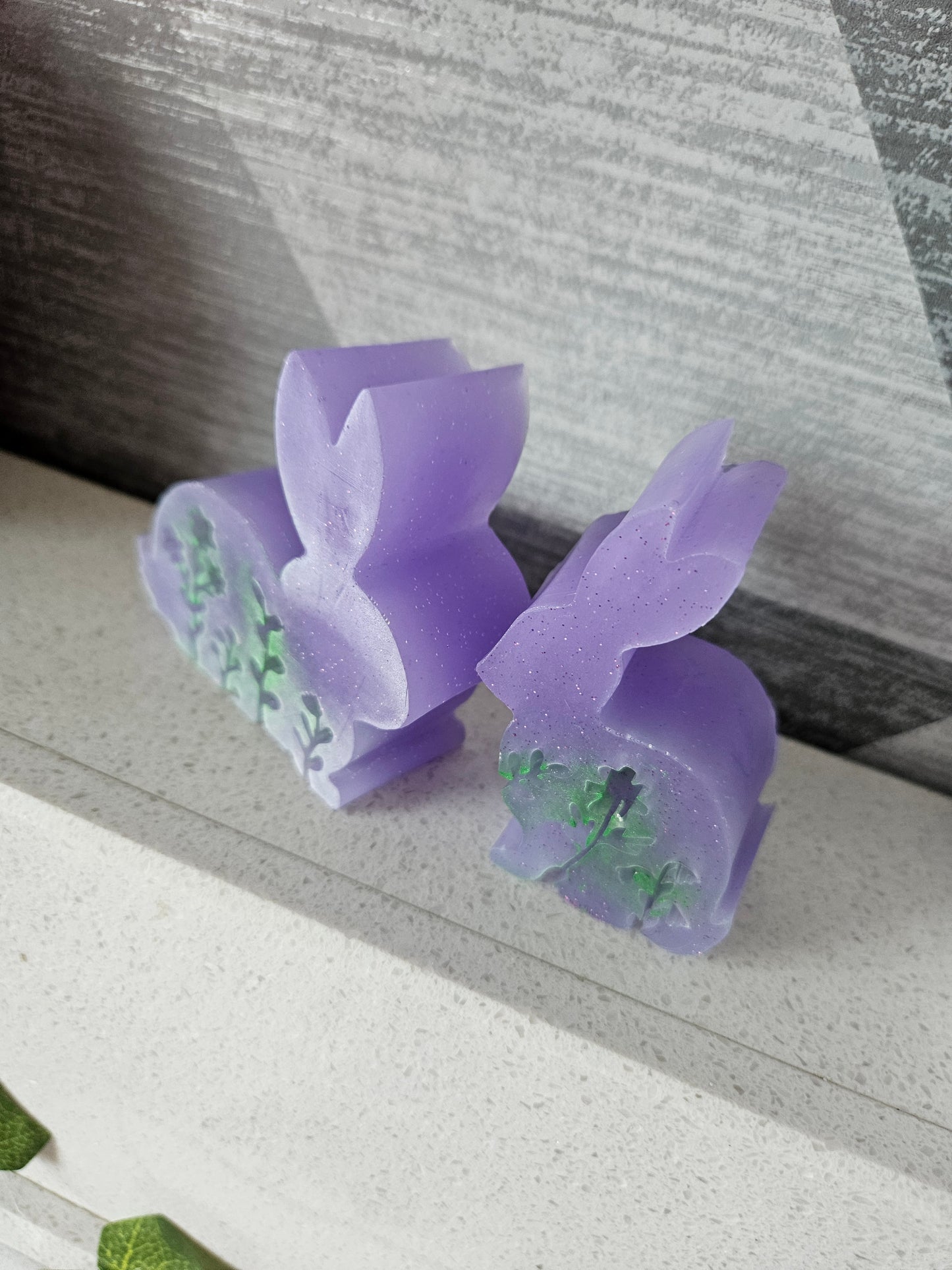 Set of bunnies/resin home decor/violet coloured rabbit ornaments with hint of green/animal lover gift/ new home, anniversary, birthday gift