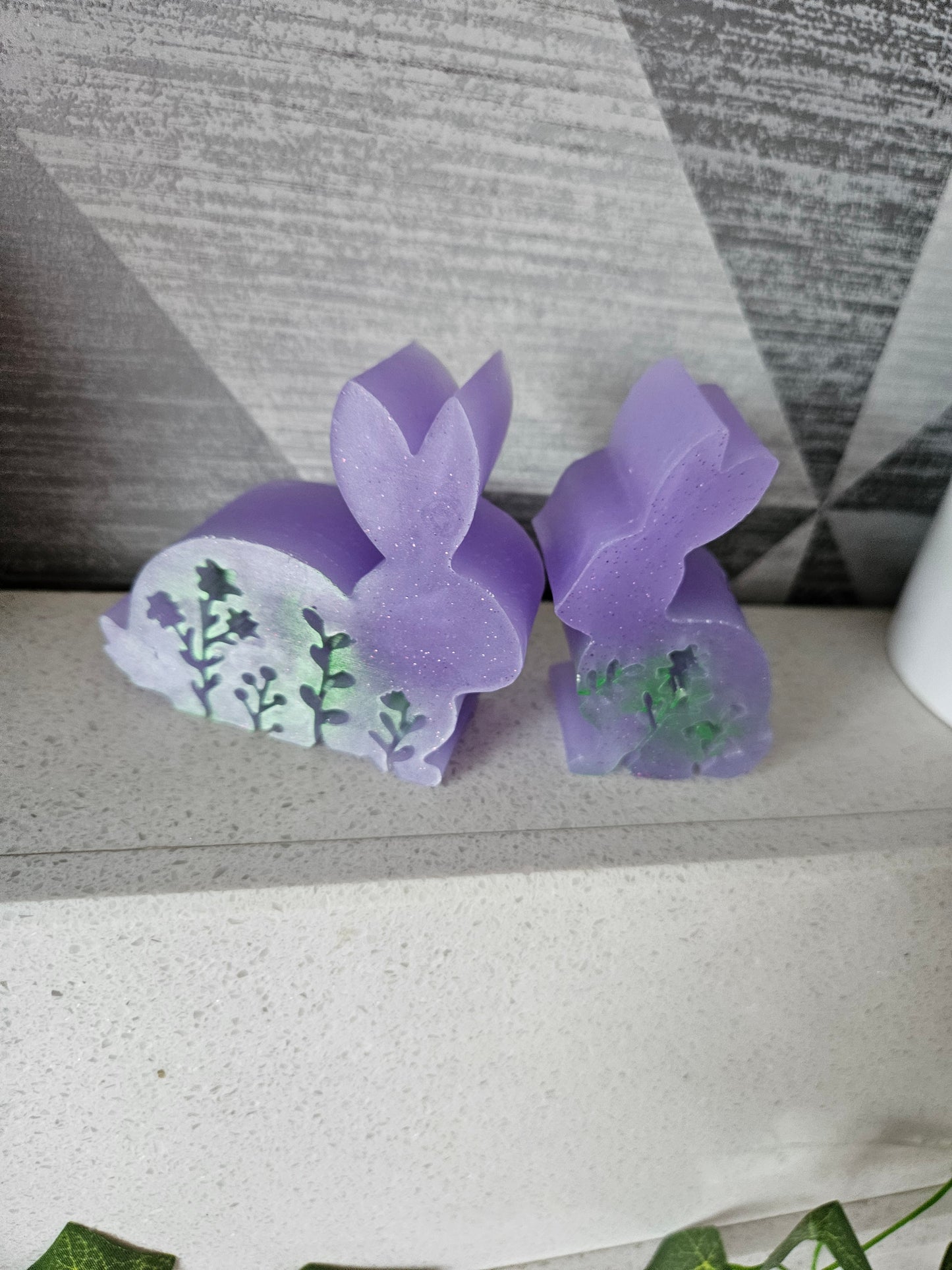 Set of bunnies/resin home decor/violet coloured rabbit ornaments with hint of green/animal lover gift/ new home, anniversary, birthday gift