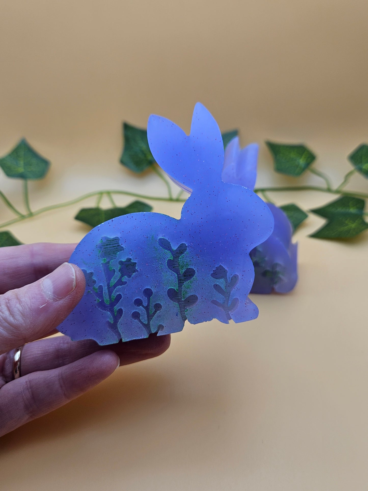 Set of bunnies/resin home decor/violet coloured rabbit ornaments with hint of green/animal lover gift/ new home, anniversary, birthday gift