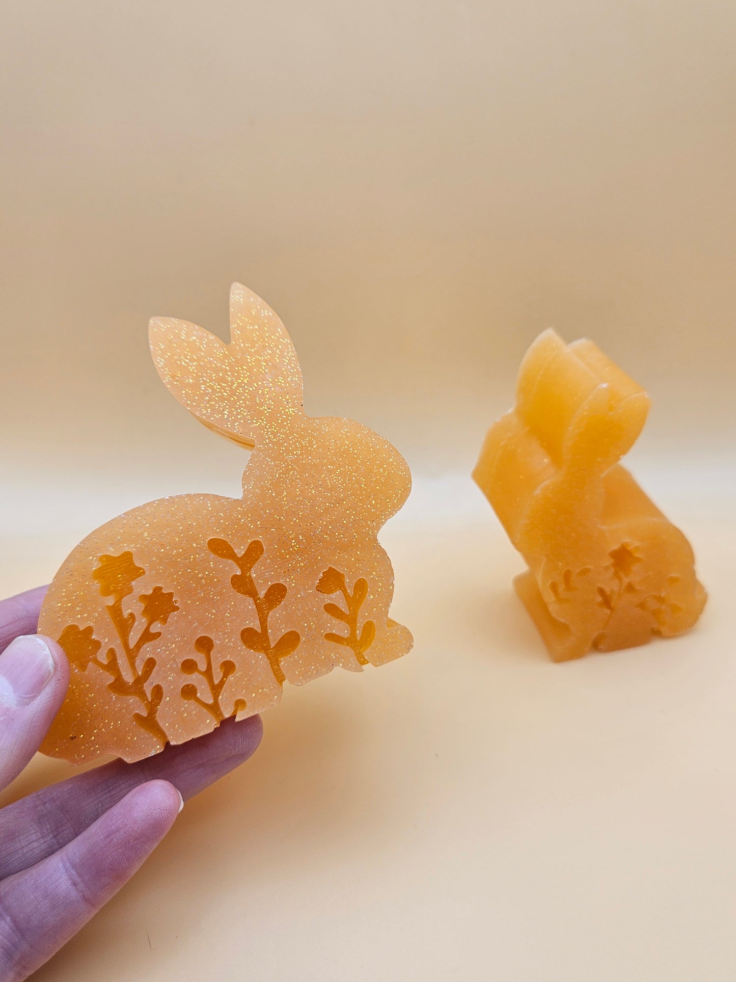 Set of two bunnies/resin home decor/peachy orange coloured rabbit ornaments for lover gift/new home, anniversary, birthday gift