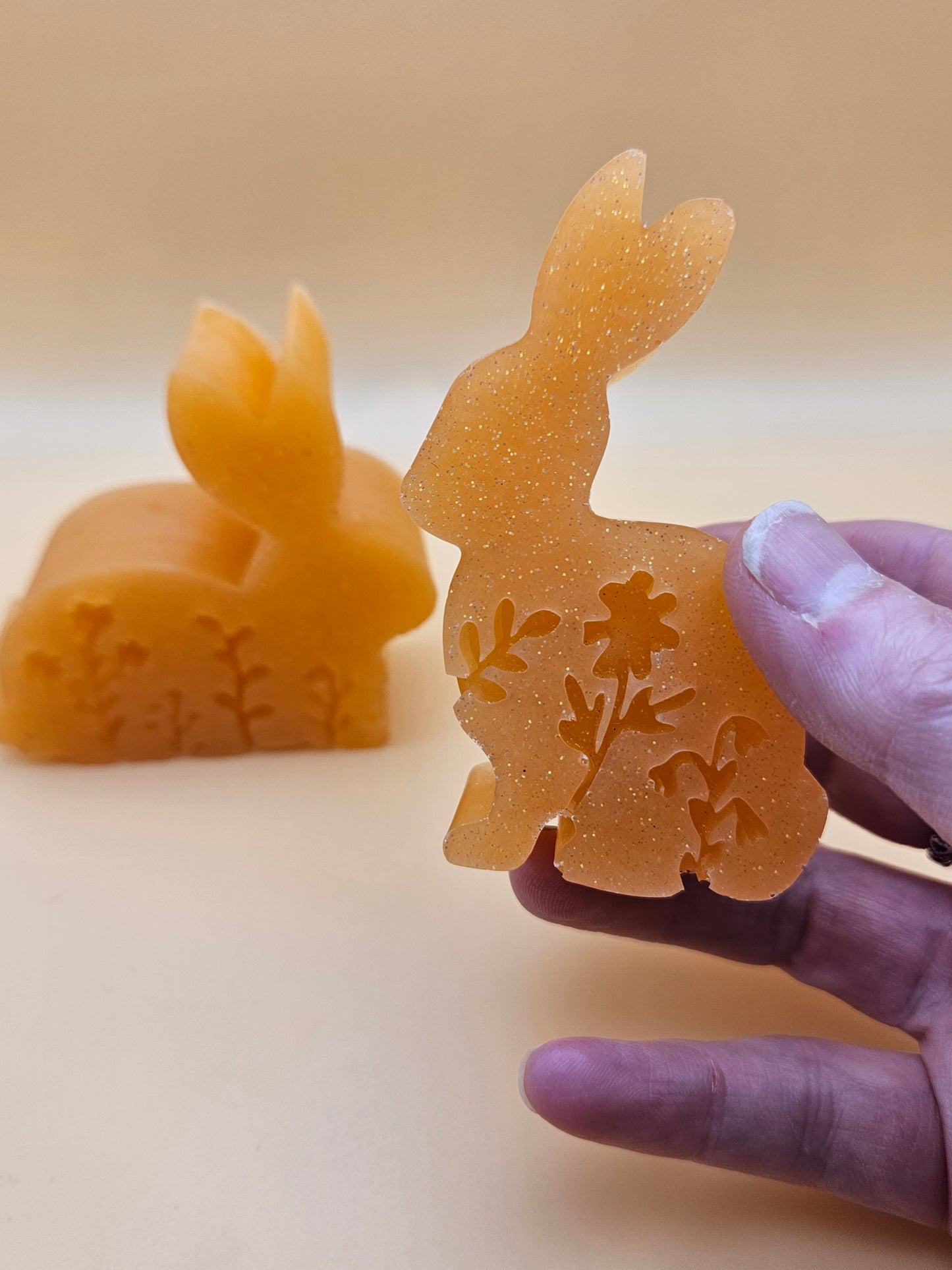 Set of two bunnies/resin home decor/peachy orange coloured rabbit ornaments for lover gift/new home, anniversary, birthday gift