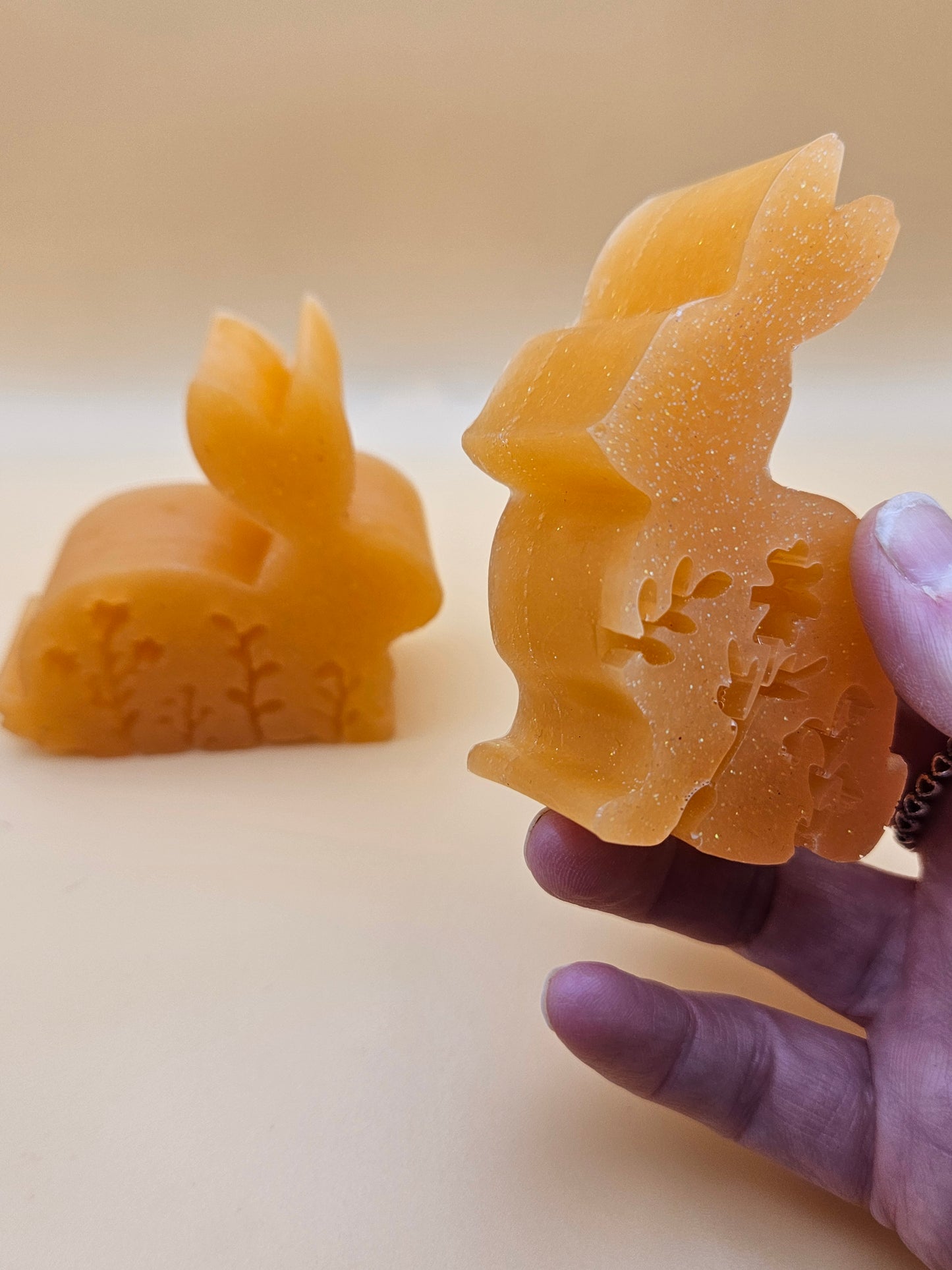 Set of two bunnies/resin home decor/peachy orange coloured rabbit ornaments for lover gift/new home, anniversary, birthday gift