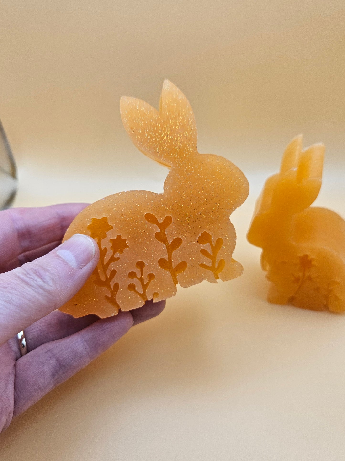 Set of two bunnies/resin home decor/peachy orange coloured rabbit ornaments for lover gift/new home, anniversary, birthday gift