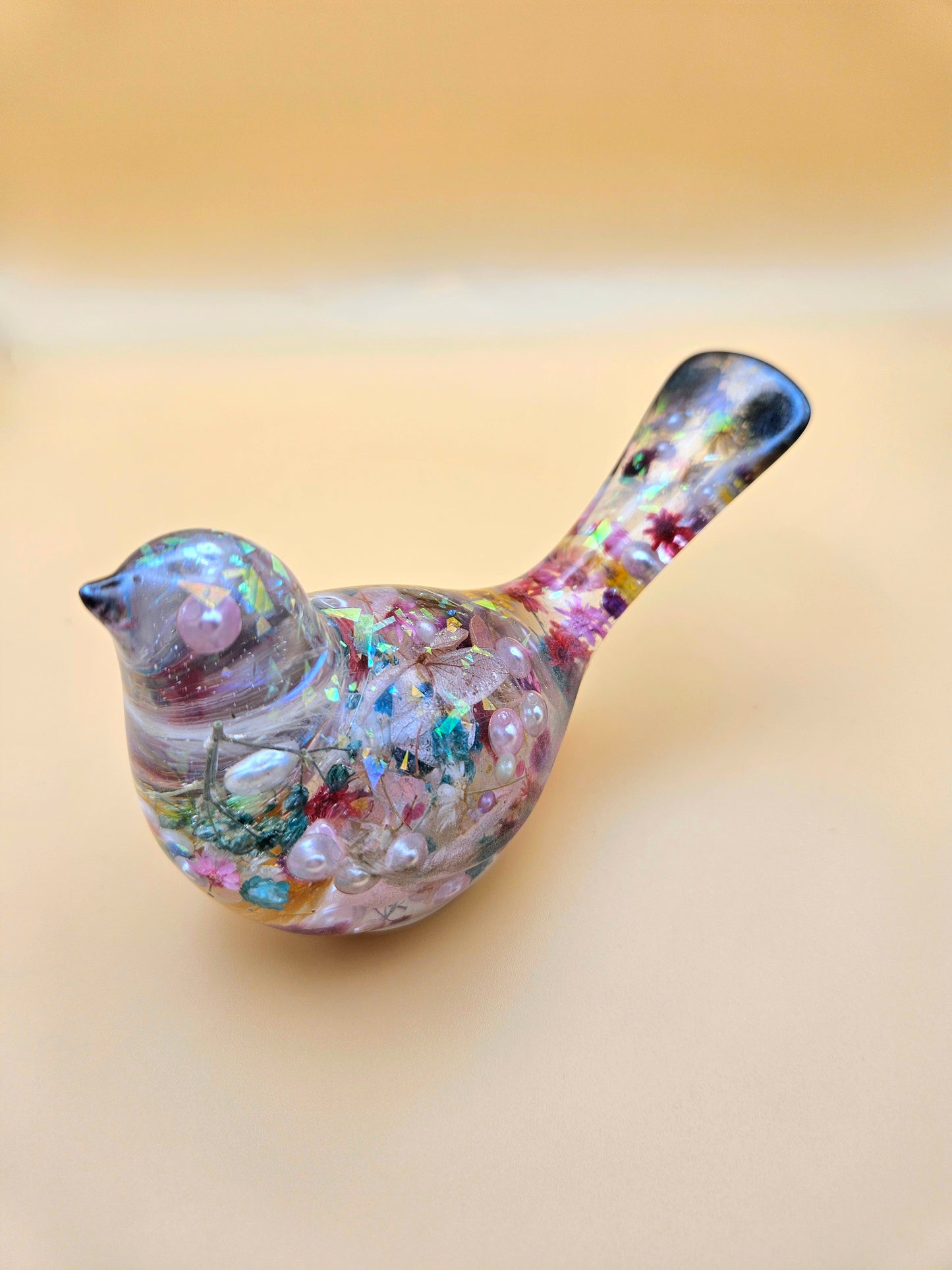 Little bird ornament/ floral and transparent bird figure/Whimsical home decor/ Charming tabletop bird/ anniversary or birthday gift for wife, partner etc.