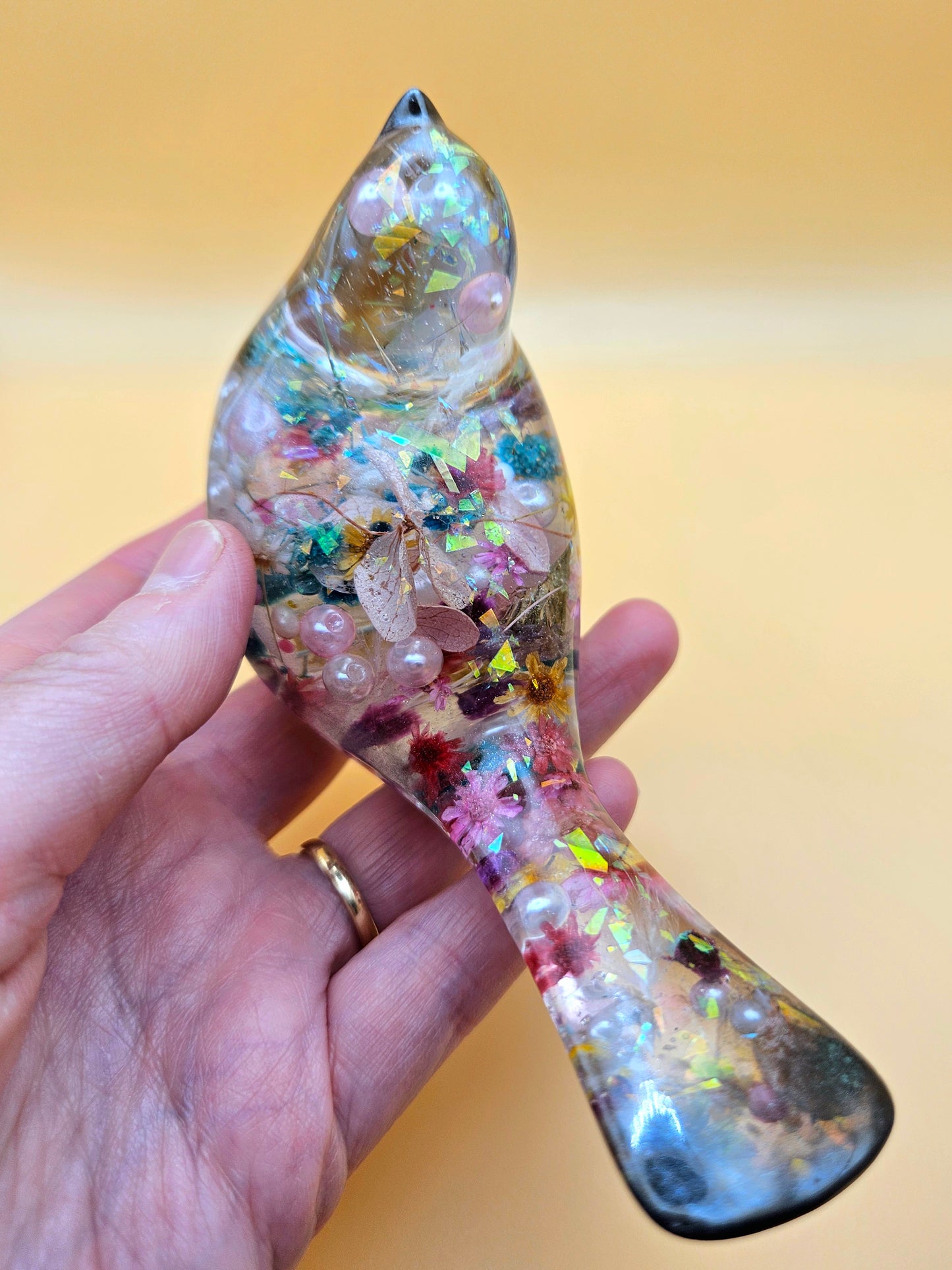 Little bird ornament/ floral and transparent bird figure/Whimsical home decor/ Charming tabletop bird/ anniversary or birthday gift for wife, partner etc.