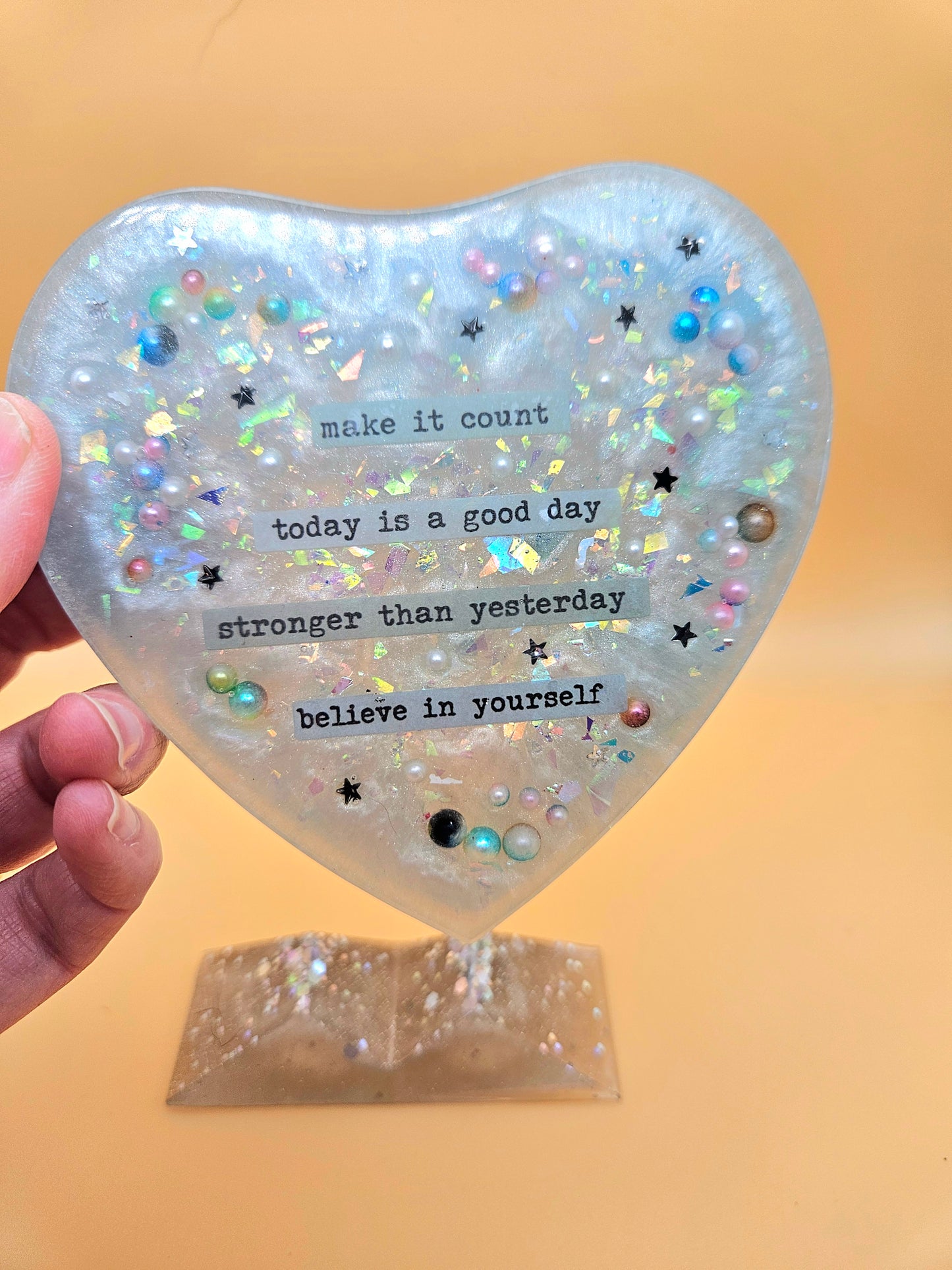 Handcrafted Cherished Heart Plaque with Stand/Heartfelt  Sentimental Gift/Resin Home Decor/Birthday/Graduation/New job gift for loved one