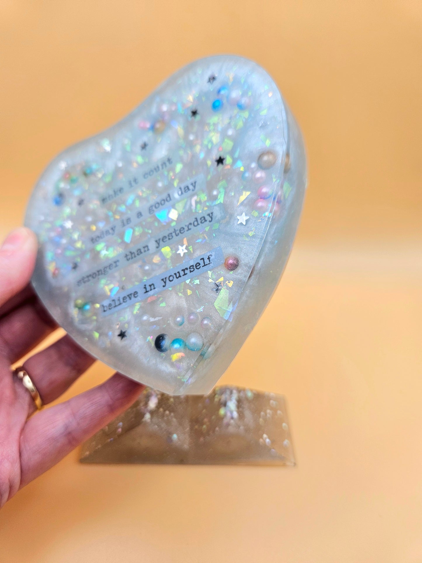 Handcrafted Cherished Heart Plaque with Stand/Heartfelt  Sentimental Gift/Resin Home Decor/Birthday/Graduation/New job gift for loved one