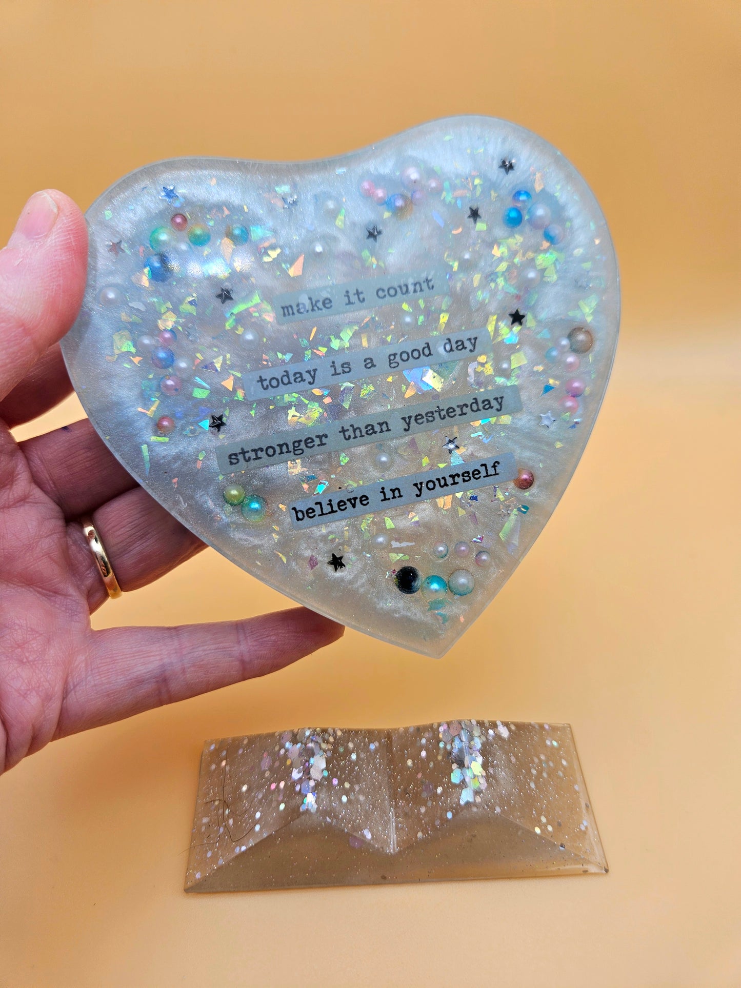 Handcrafted Cherished Heart Plaque with Stand/Heartfelt  Sentimental Gift/Resin Home Decor/Birthday/Graduation/New job gift for loved one