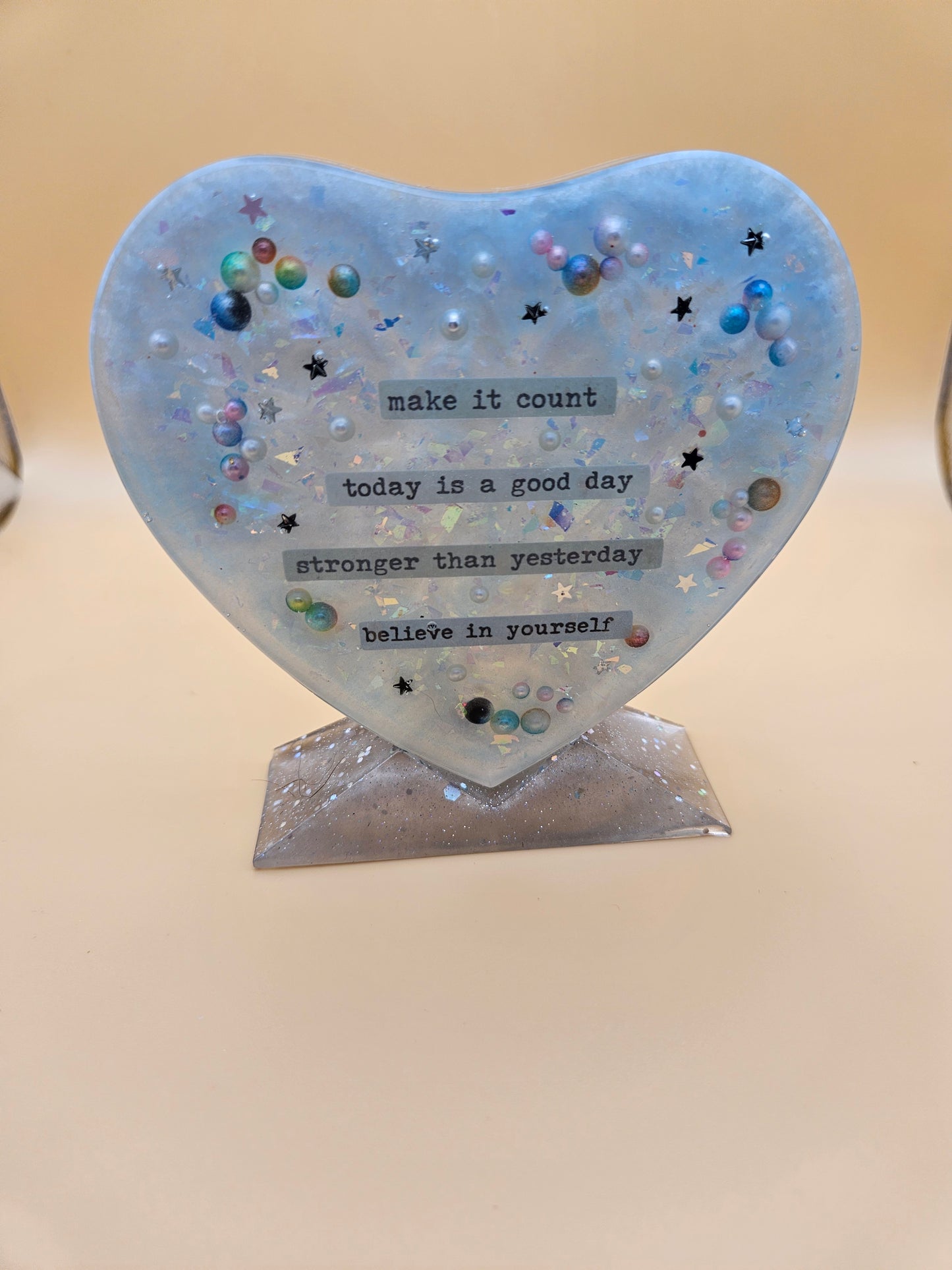 Handcrafted Cherished Heart Plaque with Stand/Heartfelt  Sentimental Gift/Resin Home Decor/Birthday/Graduation/New job gift for loved one