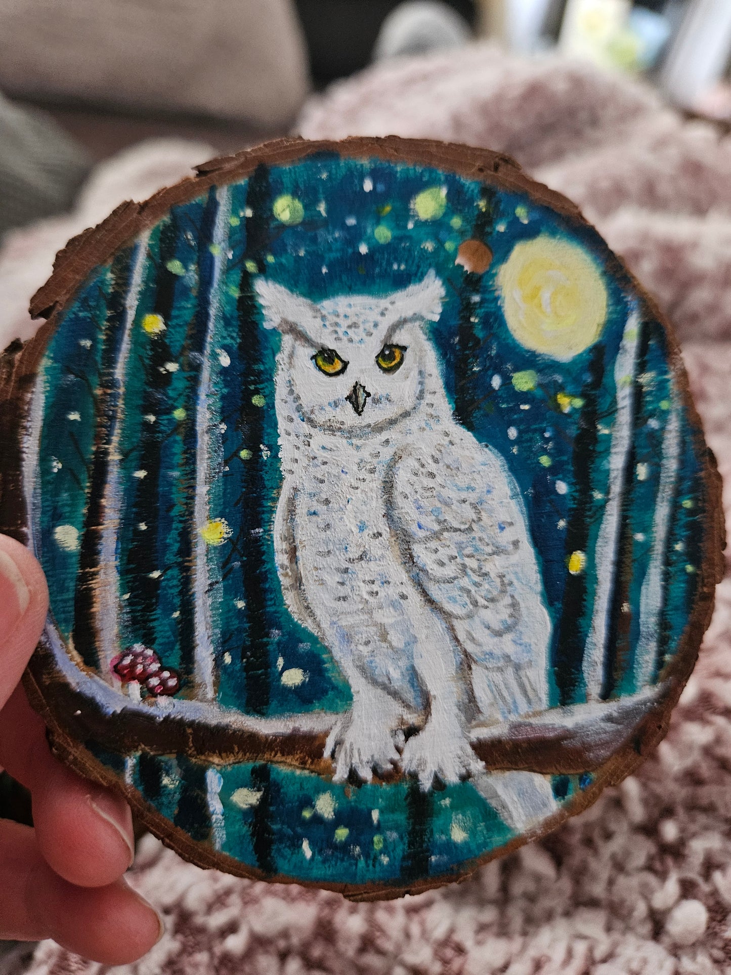This handpainted snowy owl sitting under the moon and night sky/whimsical home decor creation/wood slice painting for animal/nature lover/unique new home gift