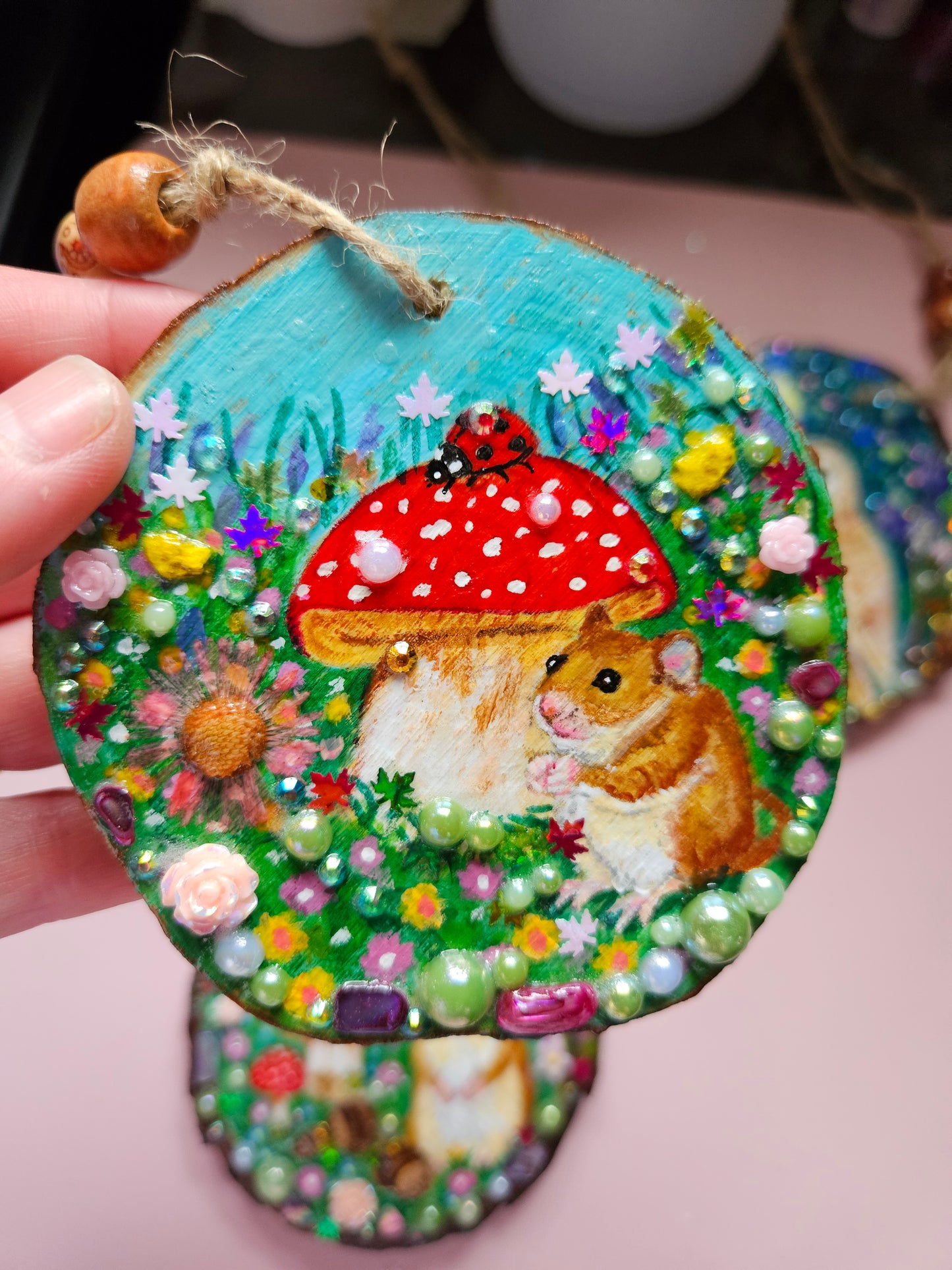 Hand painted little fieldmouse looking for food. Whimsical handmade home decor/,creations. Wood slice painting for animal/nature lover.