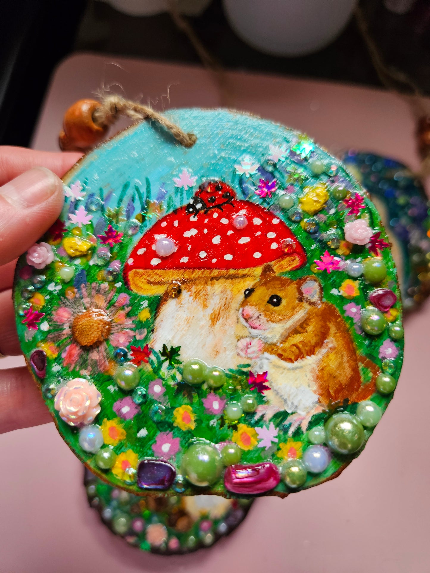 Hand painted little fieldmouse looking for food. Whimsical handmade home decor/,creations. Wood slice painting for animal/nature lover.