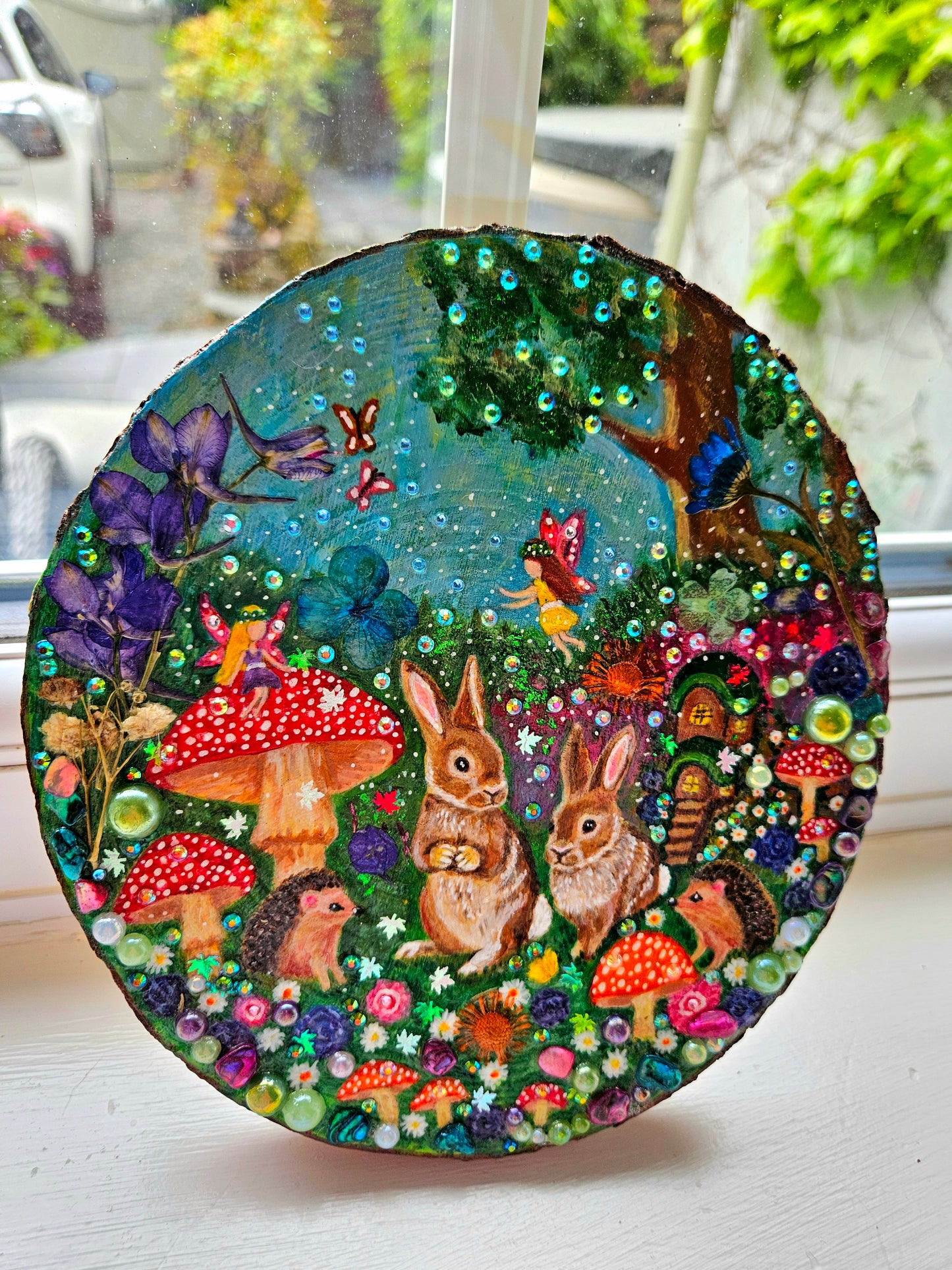 Large Hand-painted Wood Slice/whimsy wood plaque painting with rabbits, hedgehogs, fairies, mushrooms & flowers/Whimsical Home Decor/Gift for animal lover/art  Birthday gift for partner, nursery, child's room, mum, sister or daughter