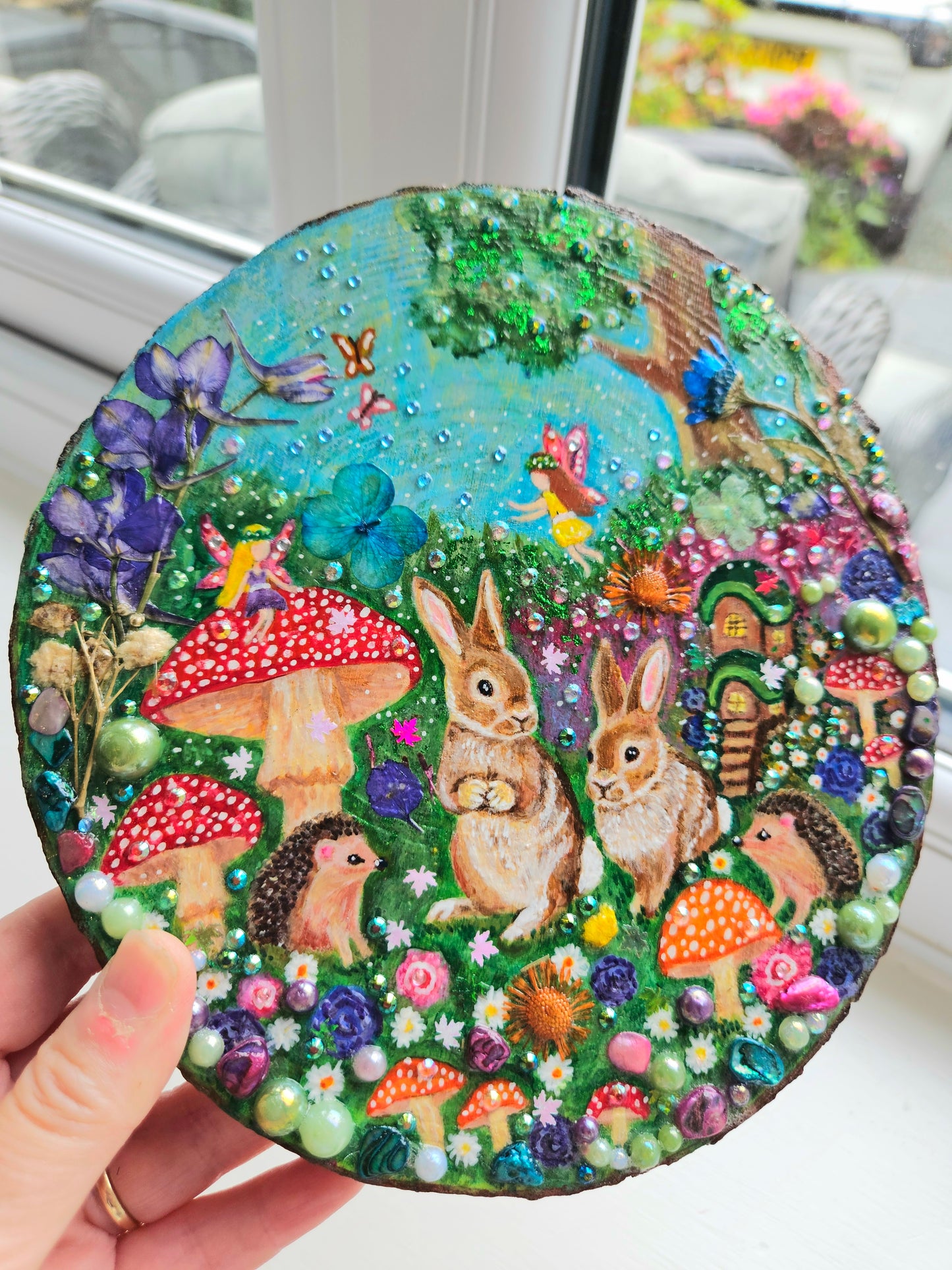 Large Hand-painted Wood Slice/whimsy wood plaque painting with rabbits, hedgehogs, fairies, mushrooms & flowers/Whimsical Home Decor/Gift for animal lover/art  Birthday gift for partner, nursery, child's room, mum, sister or daughter