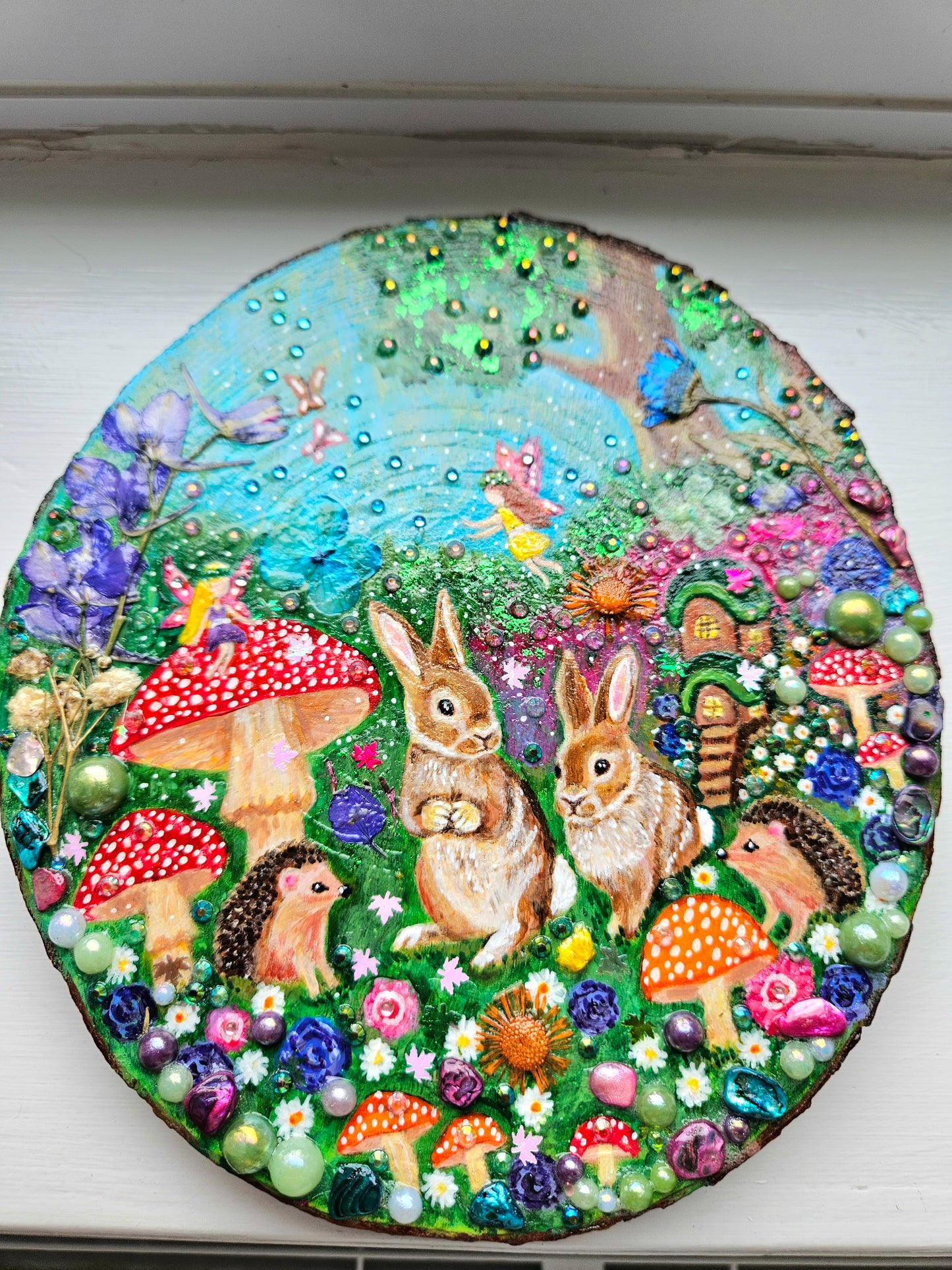 Large Hand-painted Wood Slice/whimsy wood plaque painting with rabbits, hedgehogs, fairies, mushrooms & flowers/Whimsical Home Decor/Gift for animal lover/art  Birthday gift for partner, nursery, child's room, mum, sister or daughter