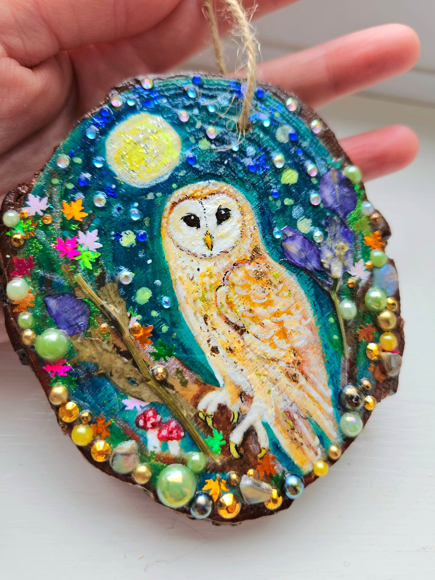 This handpainted barn-owl   sitting under the moon and night sky/Whimsical home decor creation/Wood slice painting for animal/nature lover/Unique new home gift