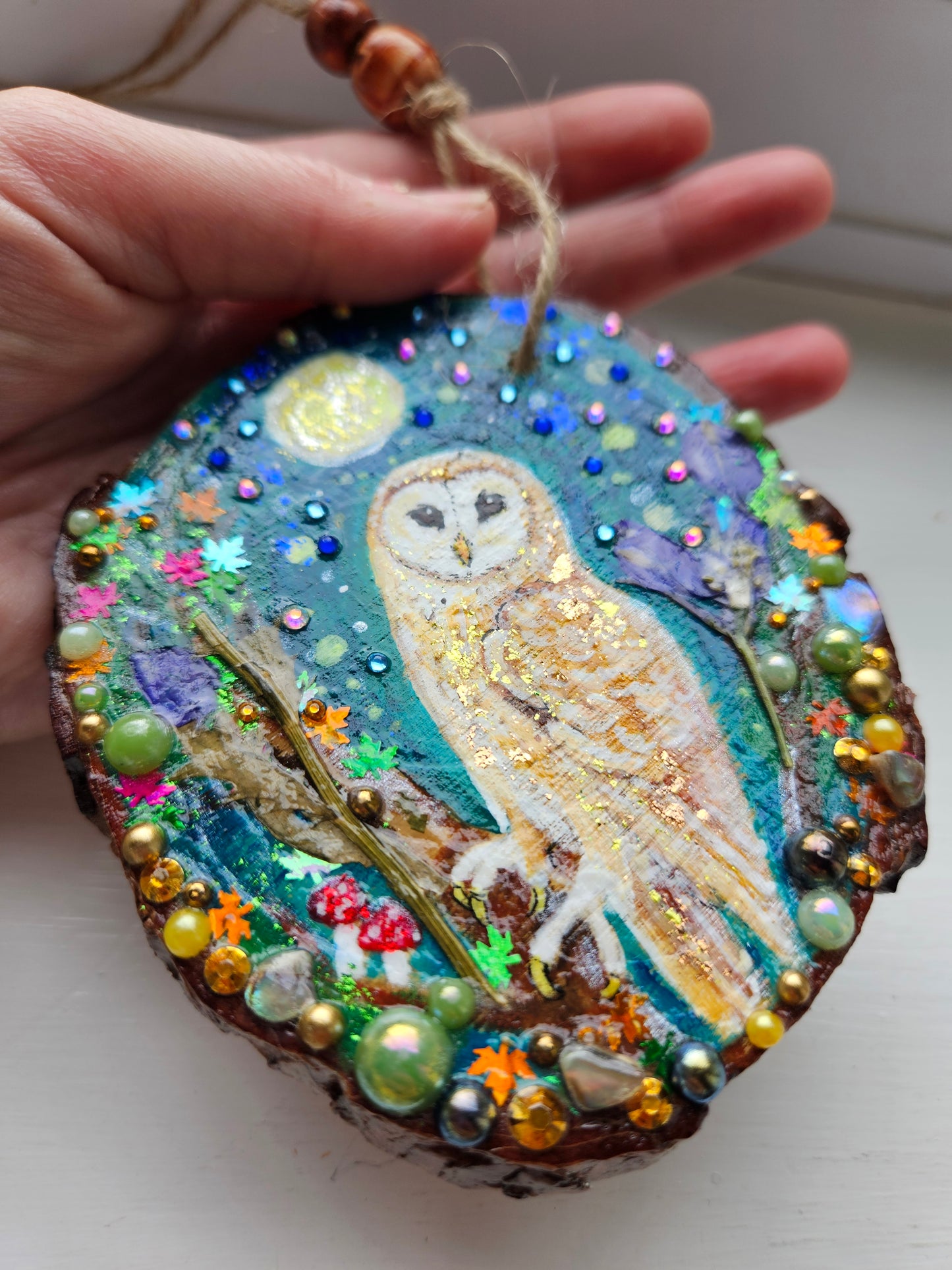 This handpainted barn-owl   sitting under the moon and night sky/Whimsical home decor creation/Wood slice painting for animal/nature lover/Unique new home gift