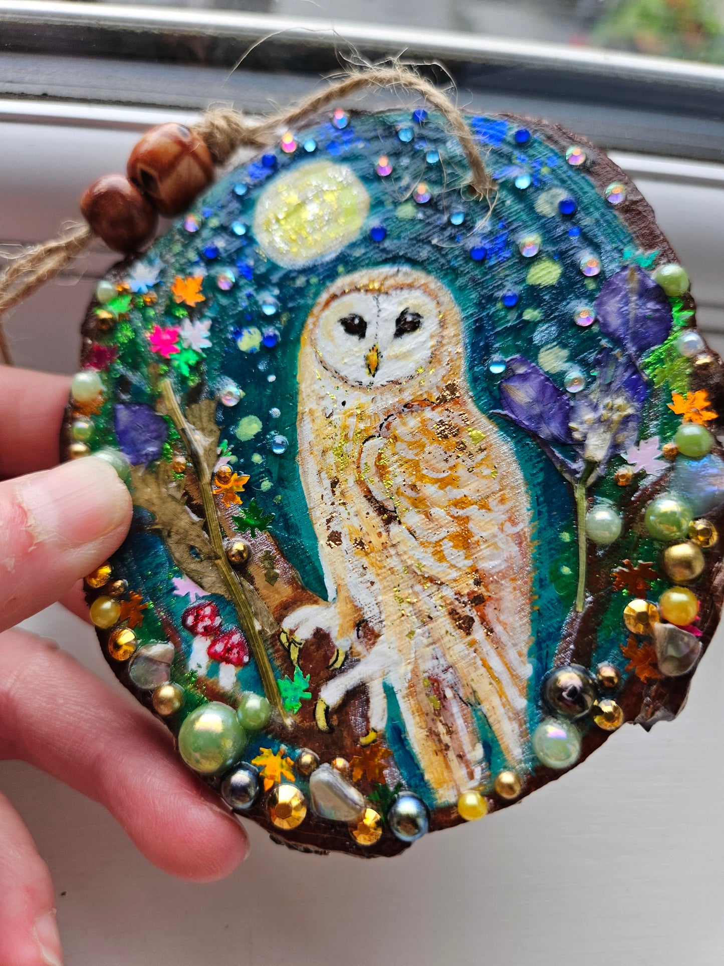 This handpainted barn-owl   sitting under the moon and night sky/Whimsical home decor creation/Wood slice painting for animal/nature lover/Unique new home gift