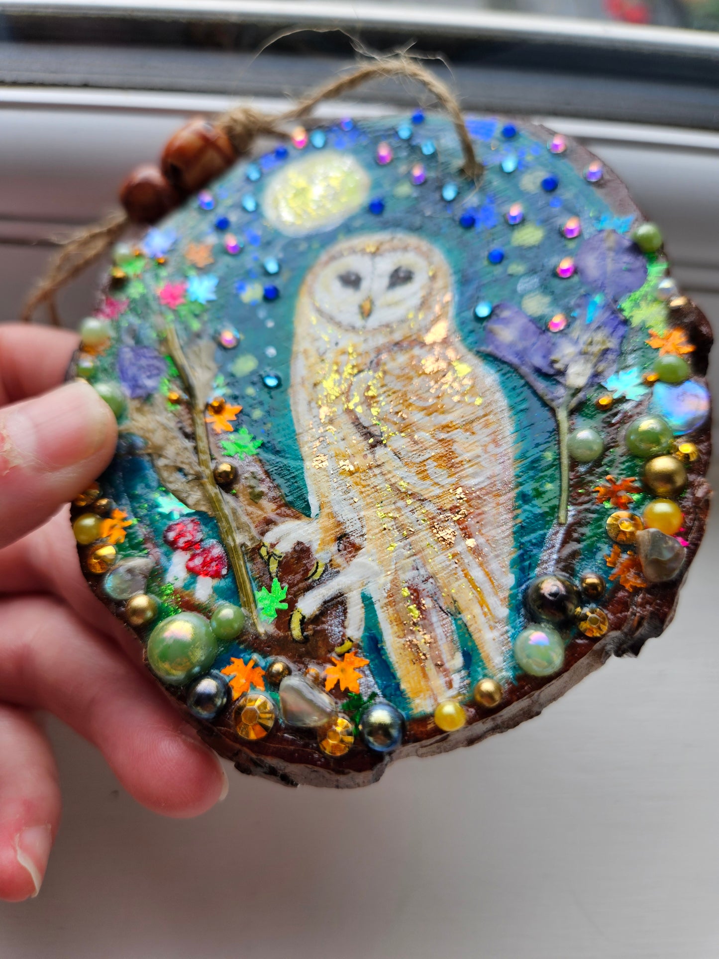 This handpainted barn-owl   sitting under the moon and night sky/Whimsical home decor creation/Wood slice painting for animal/nature lover/Unique new home gift