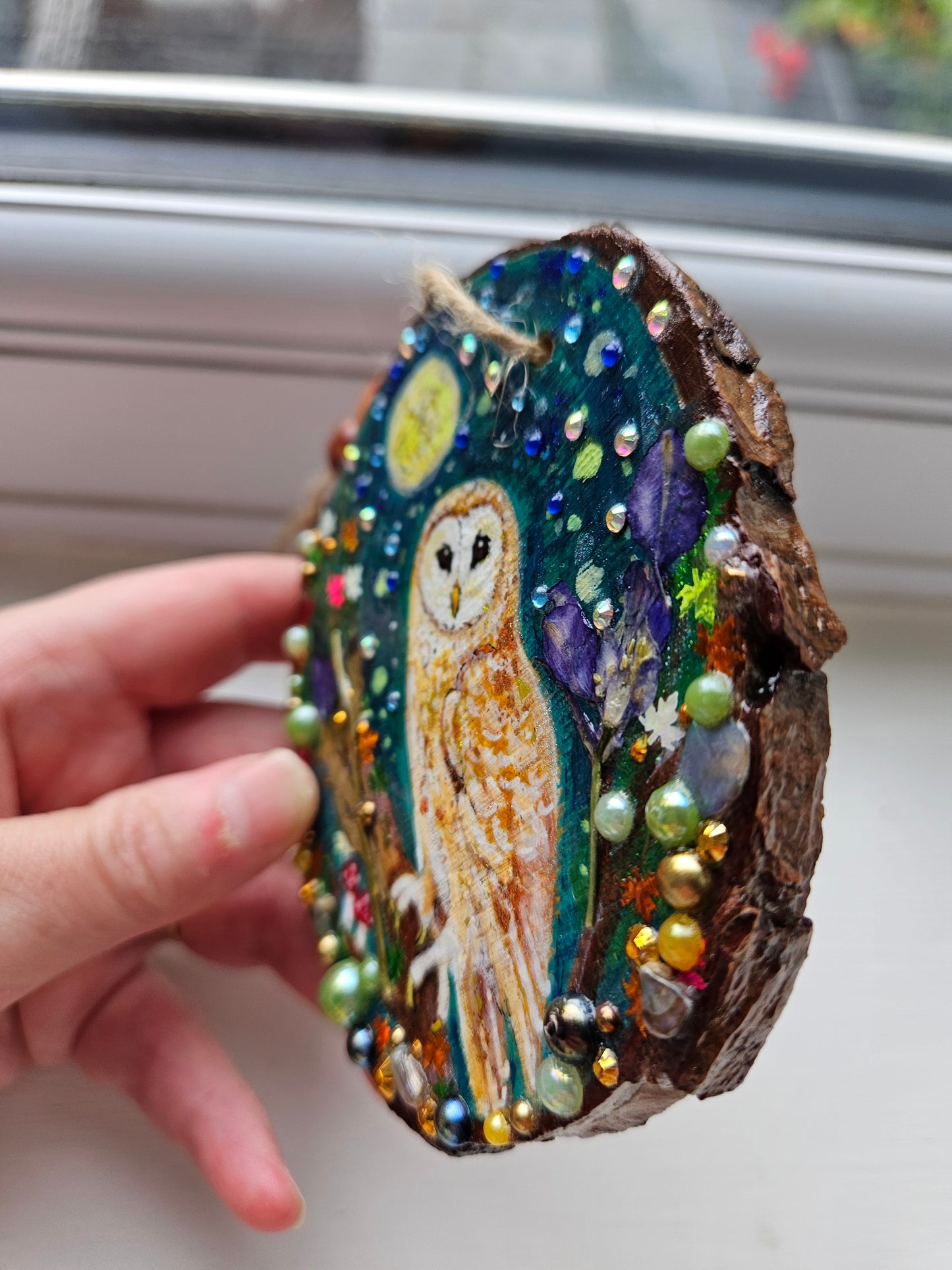 This handpainted barn-owl   sitting under the moon and night sky/Whimsical home decor creation/Wood slice painting for animal/nature lover/Unique new home gift