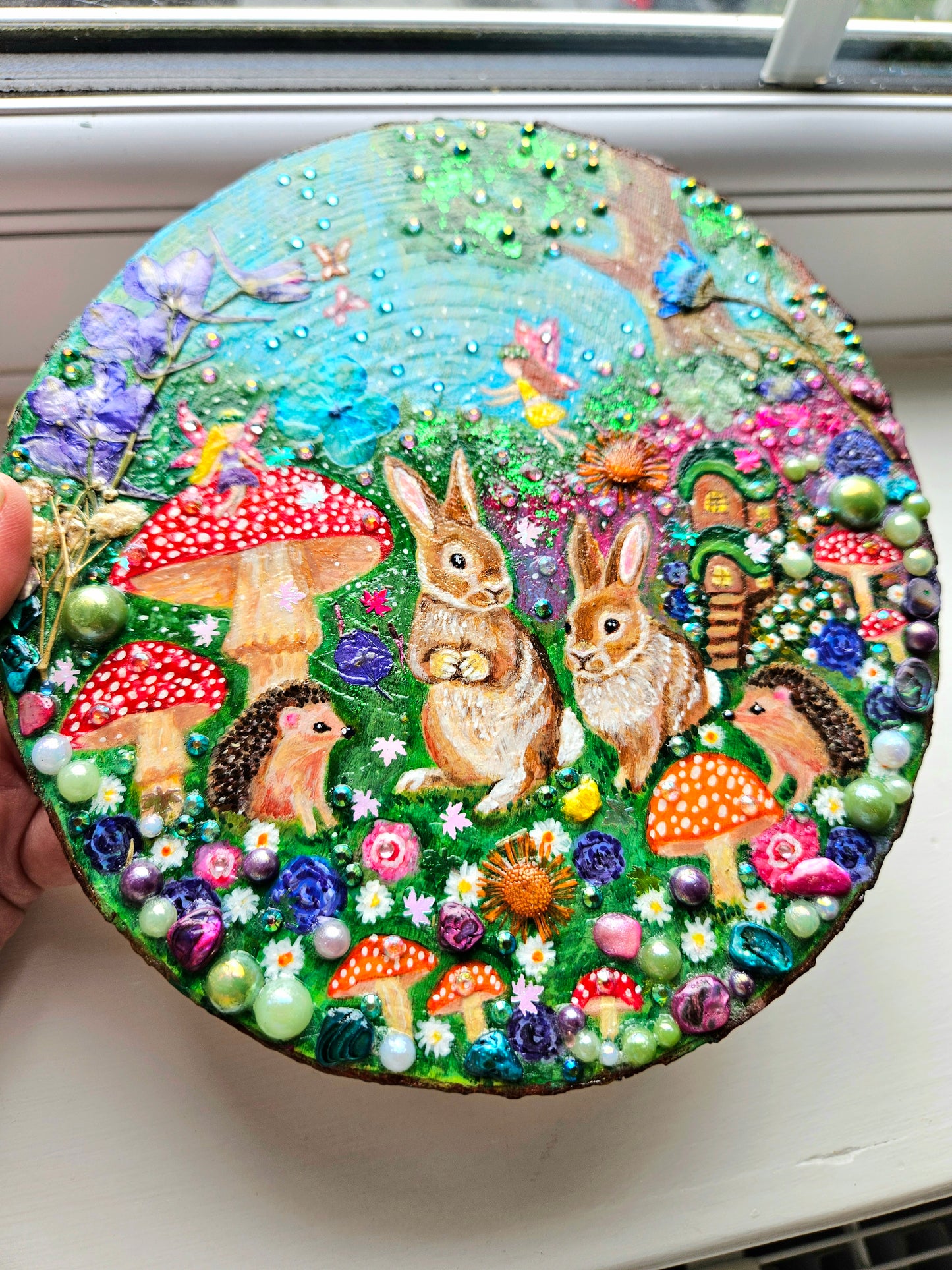 Large Hand-painted Wood Slice/whimsy wood plaque painting with rabbits, hedgehogs, fairies, mushrooms & flowers/Whimsical Home Decor/Gift for animal lover/art  Birthday gift for partner, nursery, child's room, mum, sister or daughter