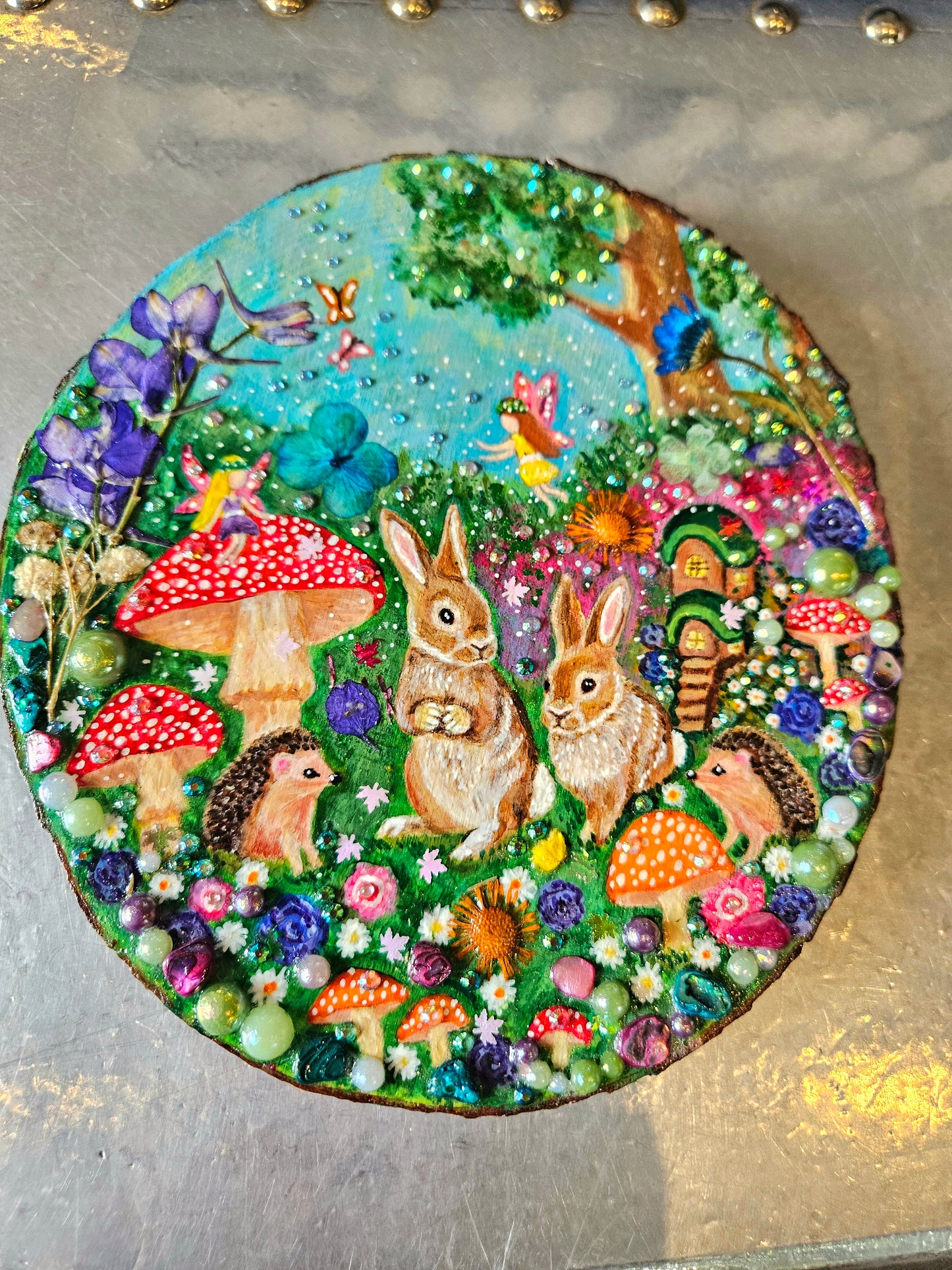 Large Hand-painted Wood Slice/whimsy wood plaque painting with rabbits, hedgehogs, fairies, mushrooms & flowers/Whimsical Home Decor/Gift for animal lover/art  Birthday gift for partner, nursery, child's room, mum, sister or daughter