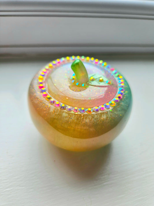 Sparkly Yellow/ Pink and Blue Apple Trinket pot/Rhinestone jewellery dish or keepsake storage holder/handcrafted resin home decor/functional artpiece/Cute Birthday gift
