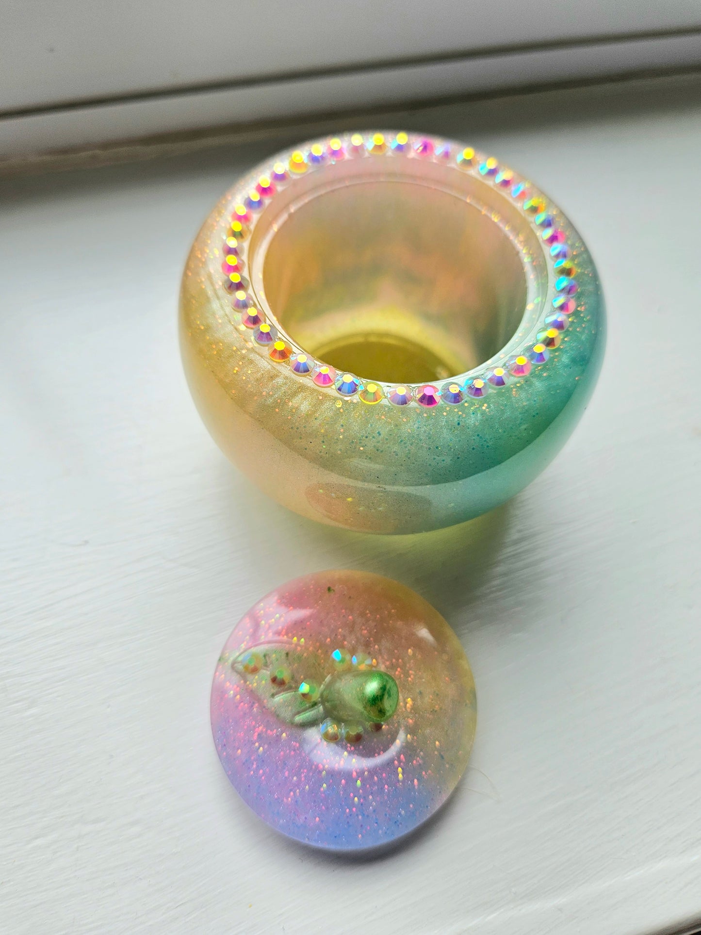 Sparkly Yellow/ Pink and Blue Apple Trinket pot/Rhinestone jewellery dish or keepsake storage holder/handcrafted resin home decor/functional artpiece/Cute Birthday gift