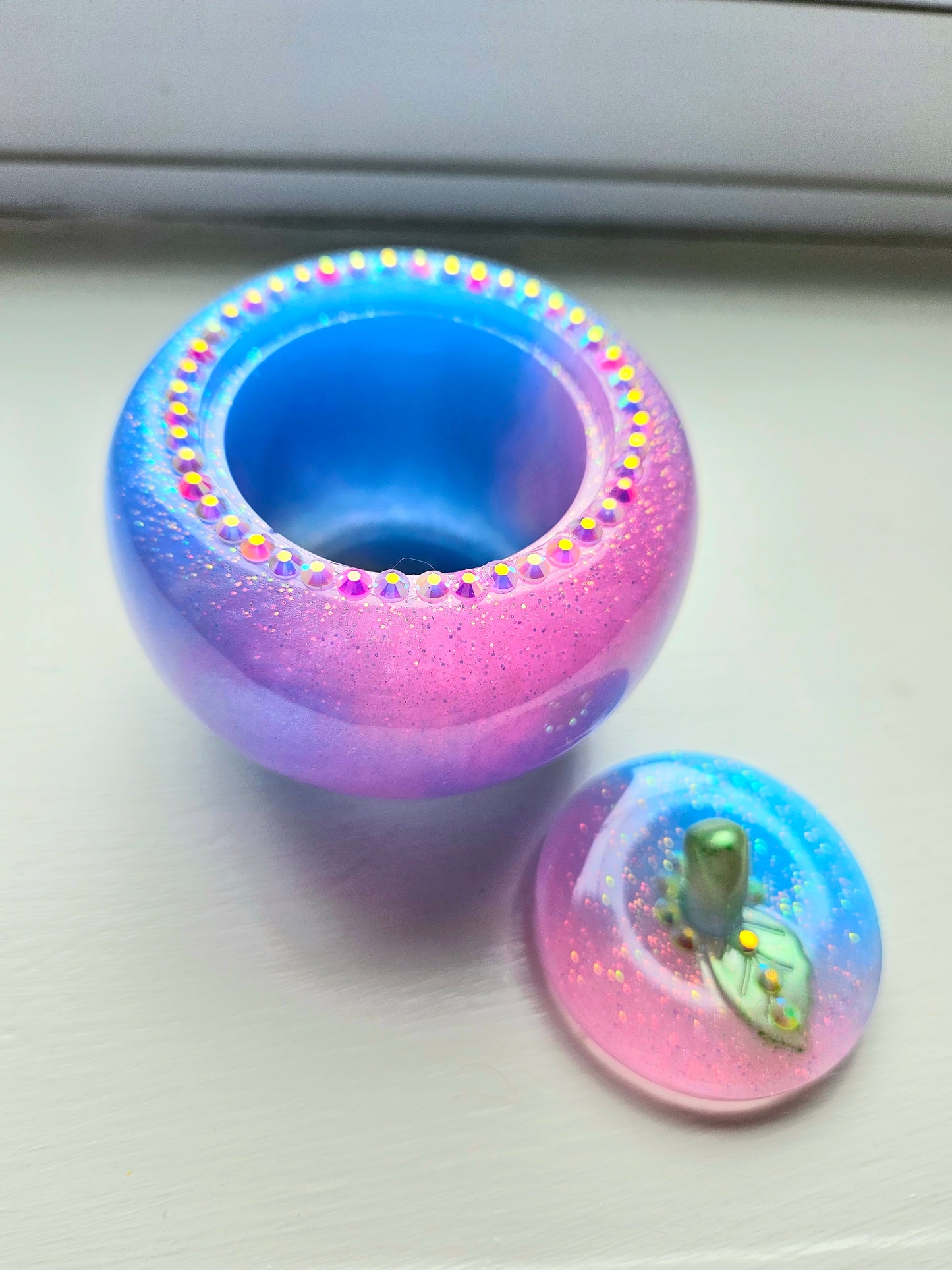 Sparkly Pink/Blue Apple Trinket pot/Rhinestone jewellery dish or keepsake storage holder/handcrafted resin home decor/functional artpiece/Cute Birthday gift