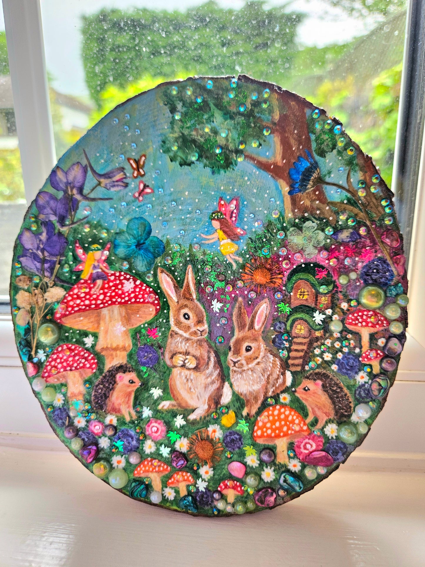 Large Hand-painted Wood Slice/whimsy wood plaque painting with rabbits, hedgehogs, fairies, mushrooms & flowers/Whimsical Home Decor/Gift for animal lover/art  Birthday gift for partner, nursery, child's room, mum, sister or daughter
